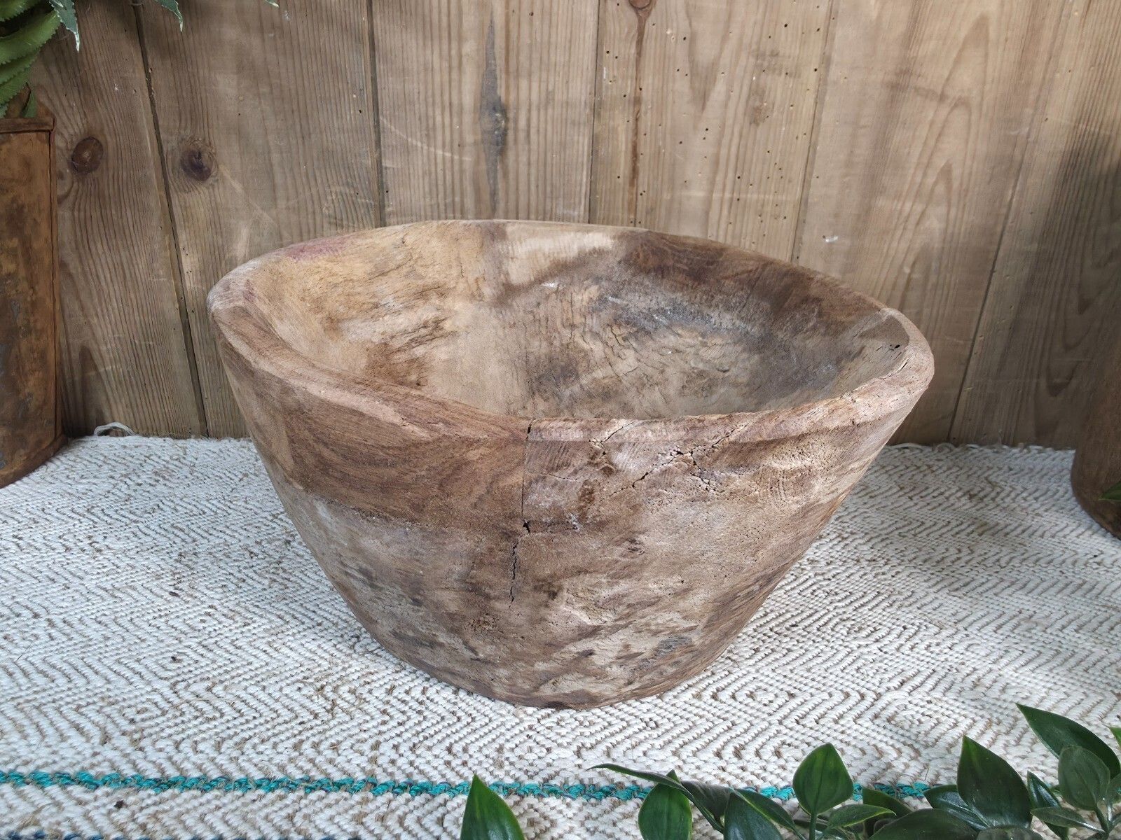 Large Old Vintage Rustic Wabi Sabi Hand Carved Wooden Mortar Bowl Dish photo Home Decor