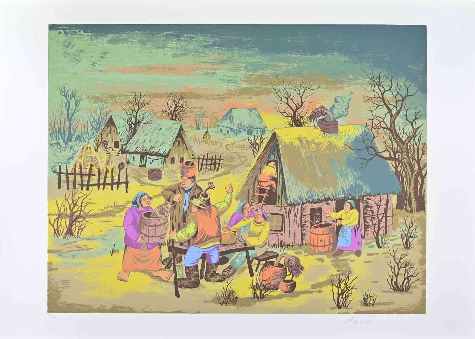 Mijo Kovacic Selo (Village Gathering)   Screenprint By Mijo Kovacic   1980s 1980s