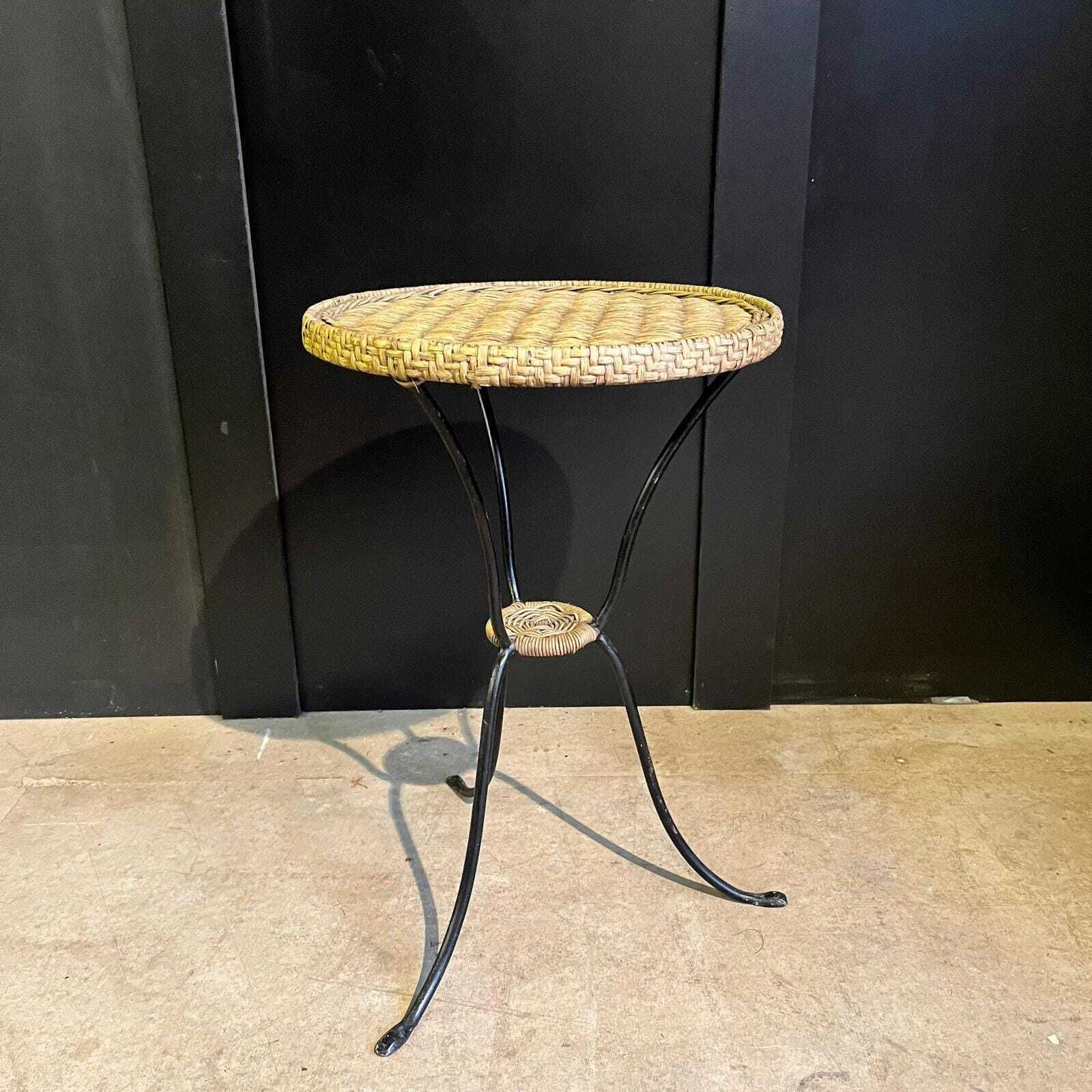 Round Cane Topped Table With Black Wrought Iron Tripod Legs/ Coffee Table photo furniture