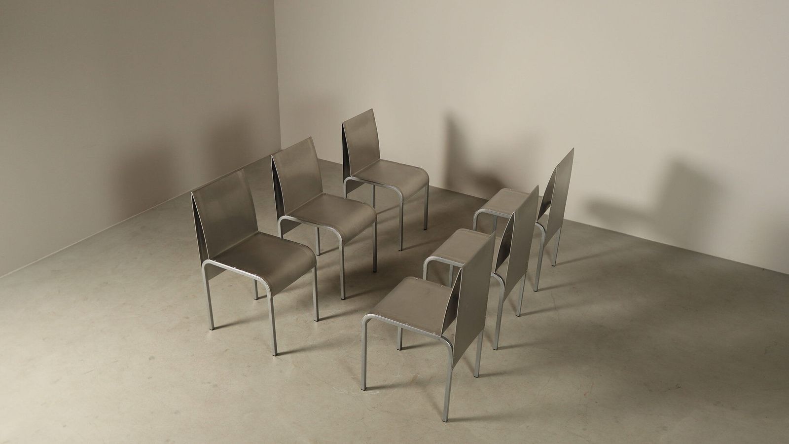 photo buy Set Of Six Postmodernist Stainless Steel Dining Chairs Dating From Around 1980 1990.