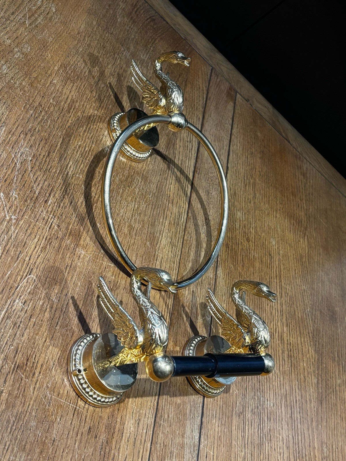 1970's Gold Plated Swan Towel Holder And Toilet Roll Holder photo furniture