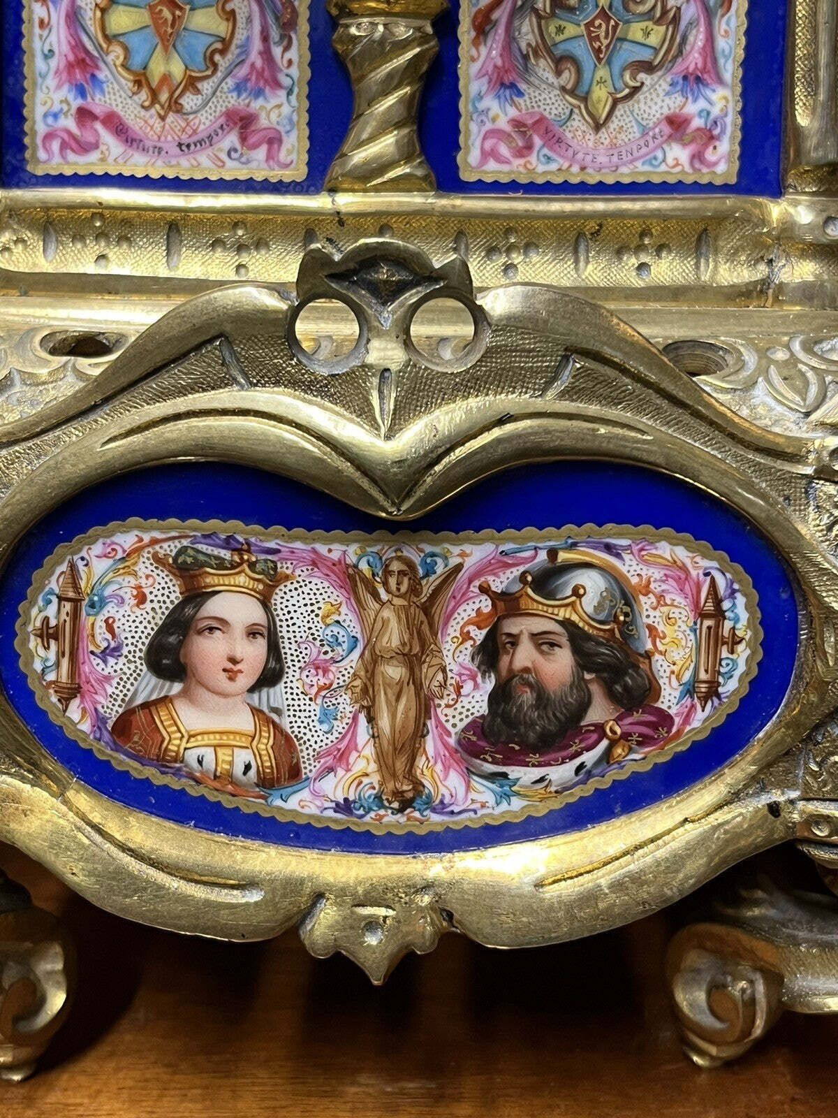 Victorian French Clock Under Dome, Porcelain Panels & Decoration Of Royalty. photo for sale