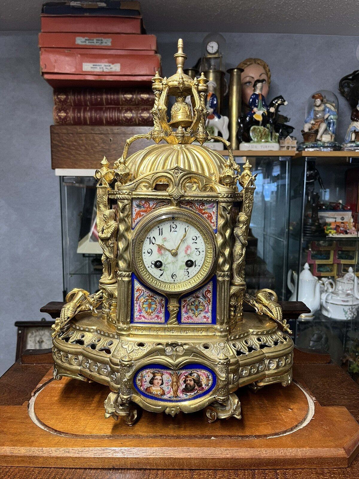 photo vinterior Victorian French Clock Under Dome, Porcelain Panels & Decoration Of Royalty.