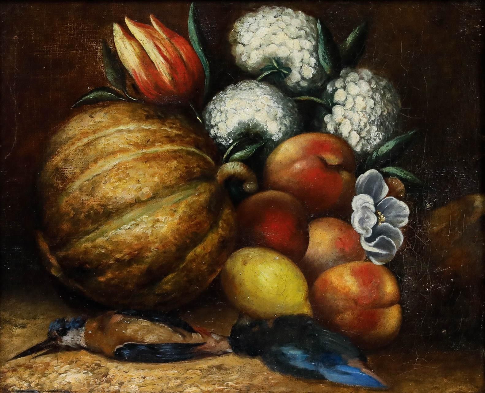 Framed 19th Century Oil Still Life With Kingfishers, Fruit & Flowers photo furniture