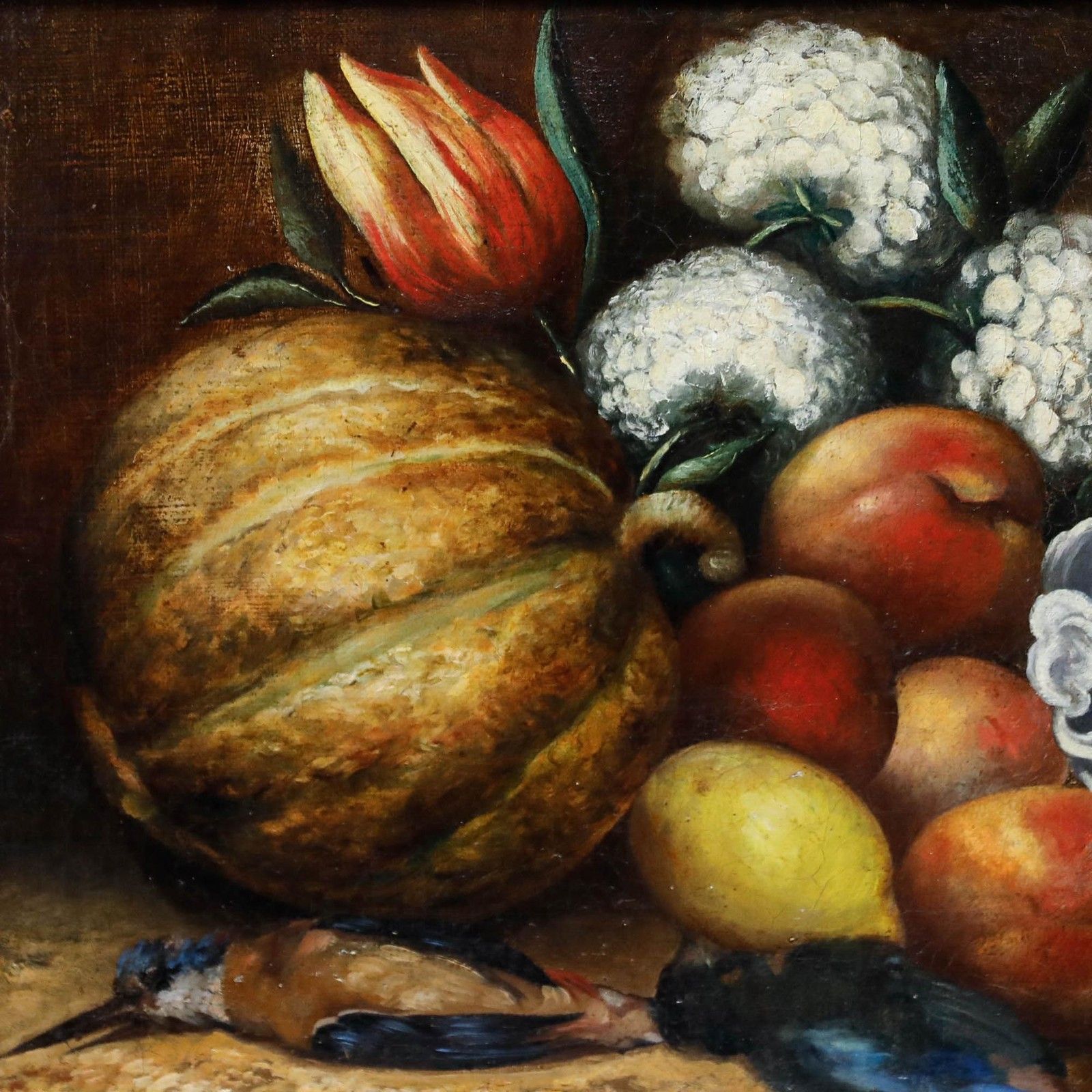 Framed 19th Century Oil Still Life With Kingfishers, Fruit & Flowers photo 395.0