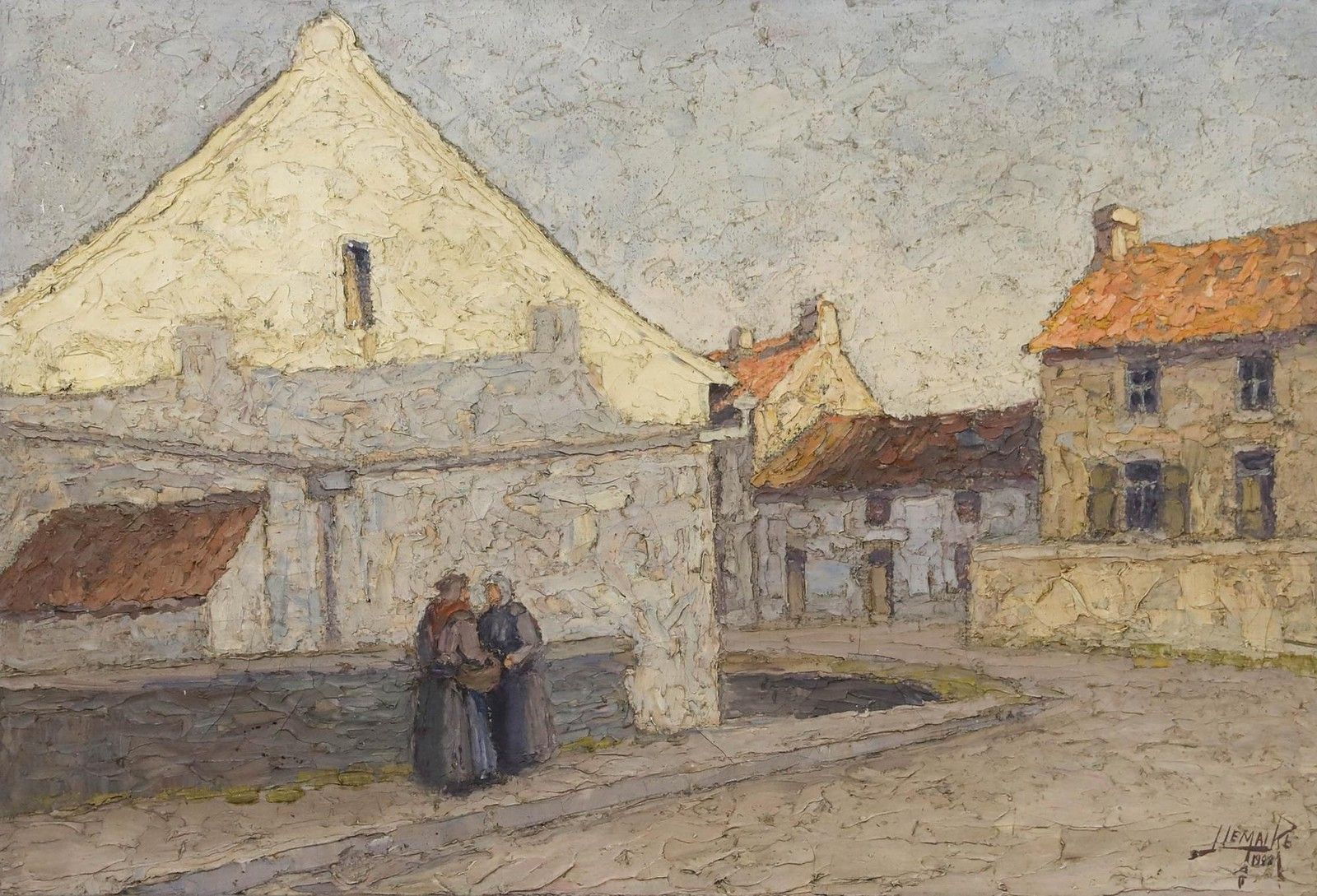 Jacques Lemaire (B.1917) Mid 20th Century Oil, Conversation In The Street photo furniture