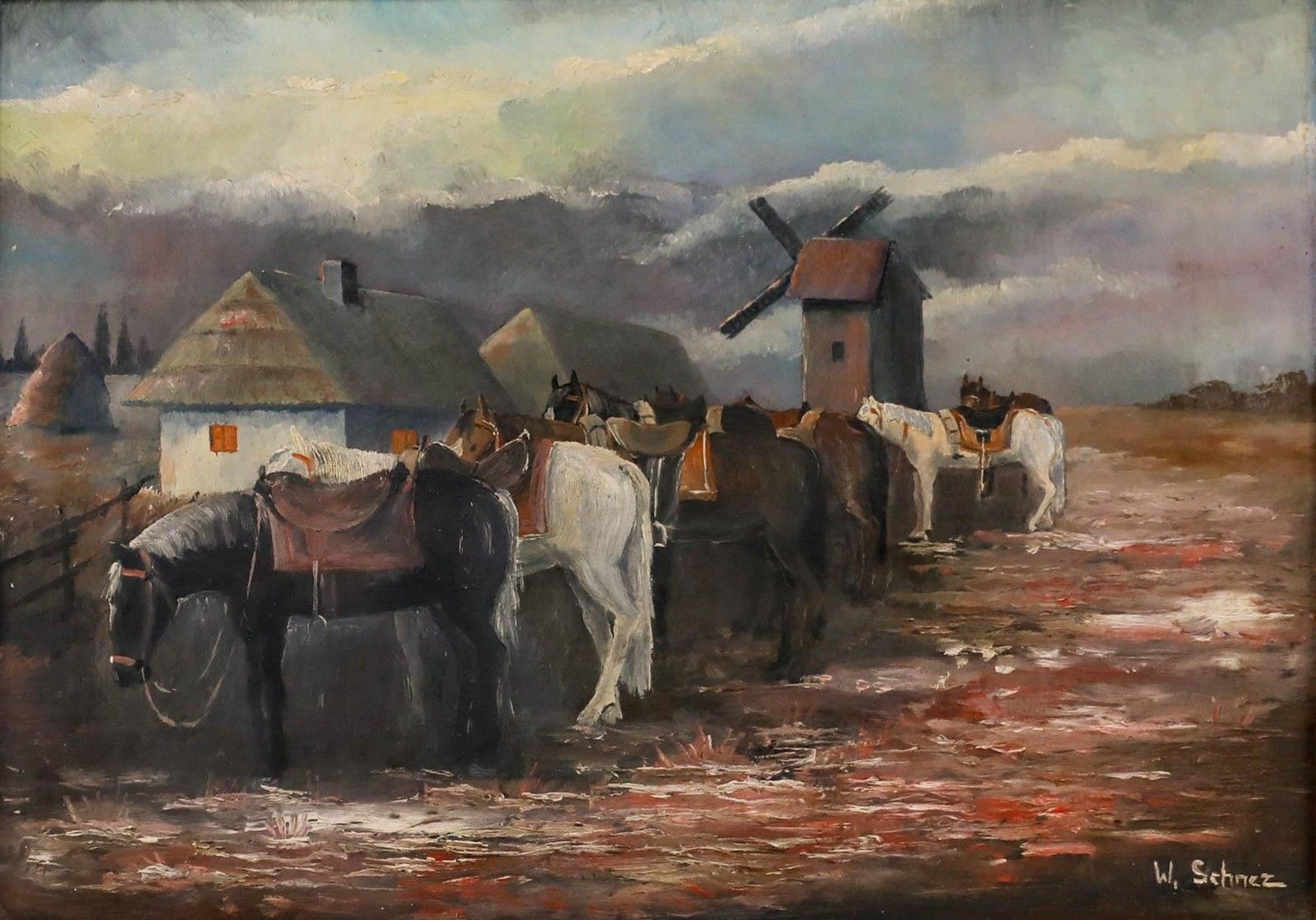 W. Schnez Framed Mid 20th Century Oil, A Team Of Horses photo furniture