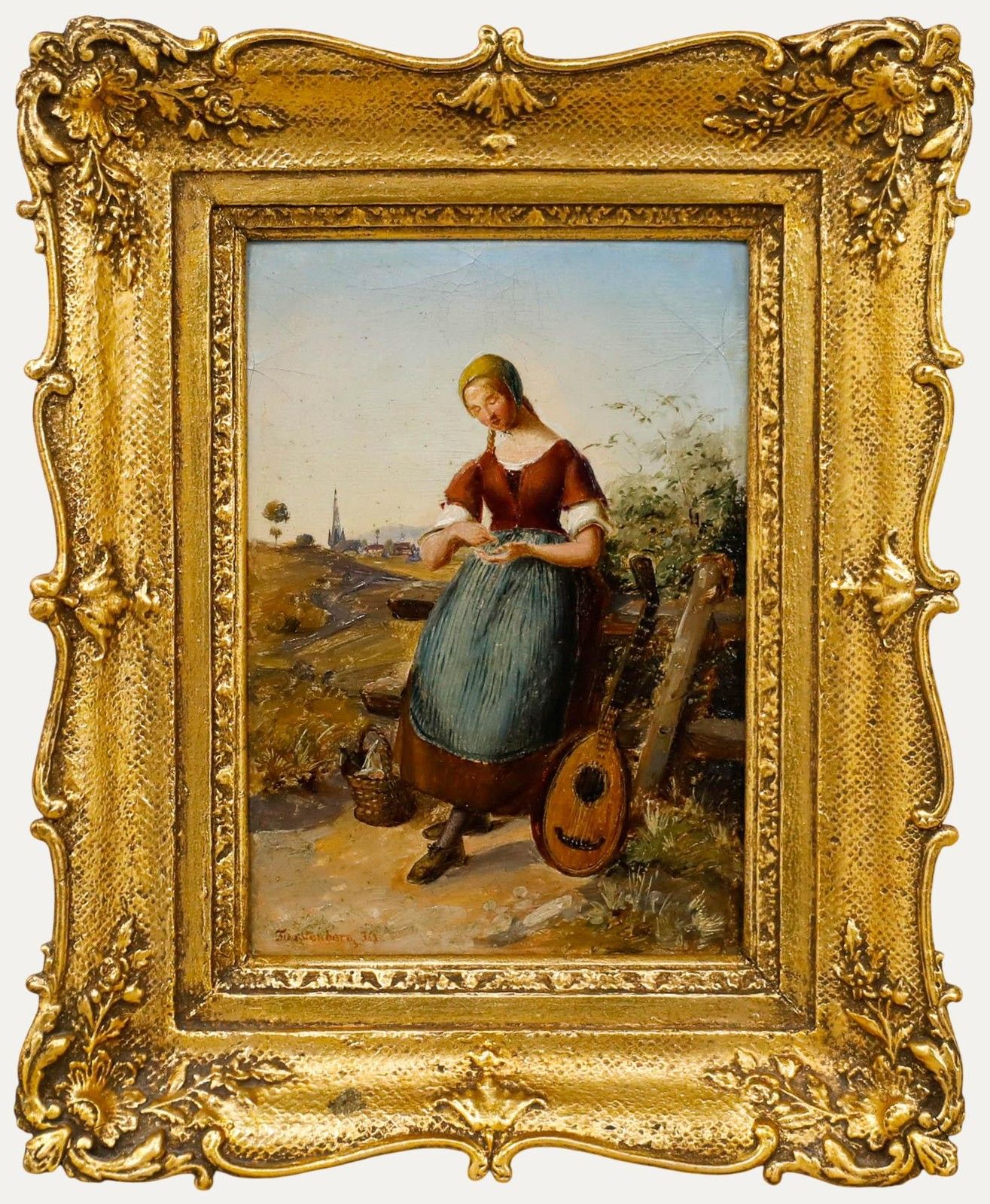 German School 19th Century Oil Woman With Basket & Mandolin