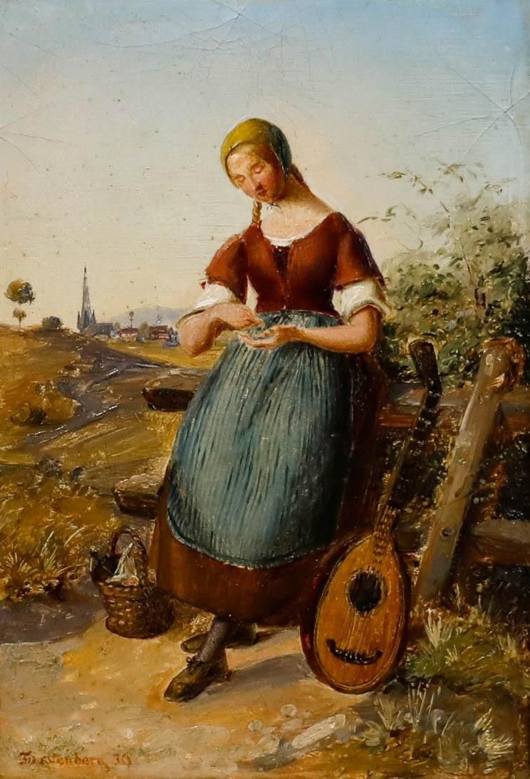 German School 19th Century Oil Woman With Basket & Mandolin photo furniture
