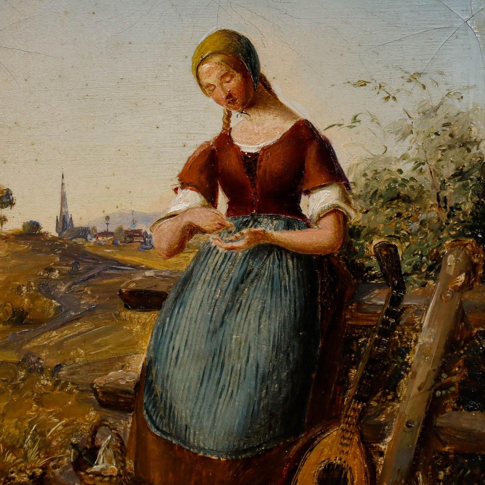 German School 19th Century Oil Woman With Basket & Mandolin photo Art