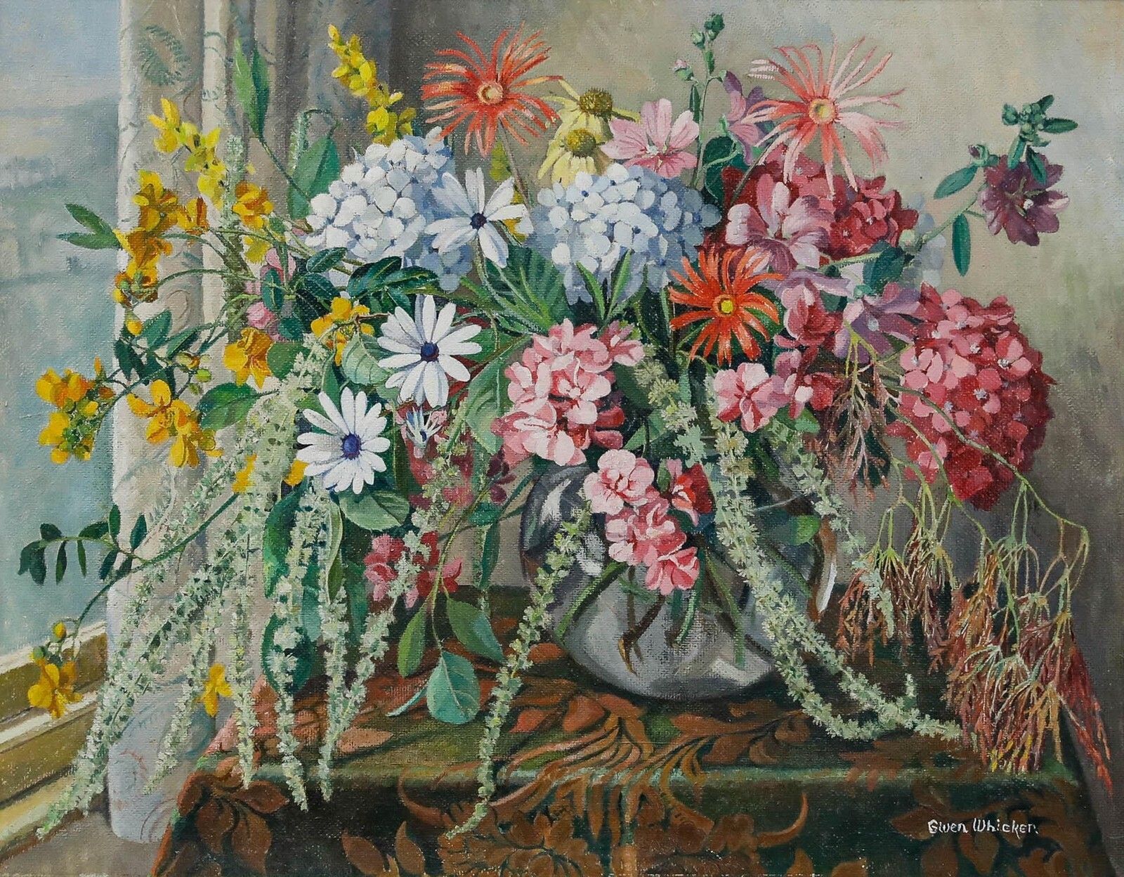 Gwen Whicker (1900 1966) Framed Mid 20th Century Oil, Flower Piece photo furniture