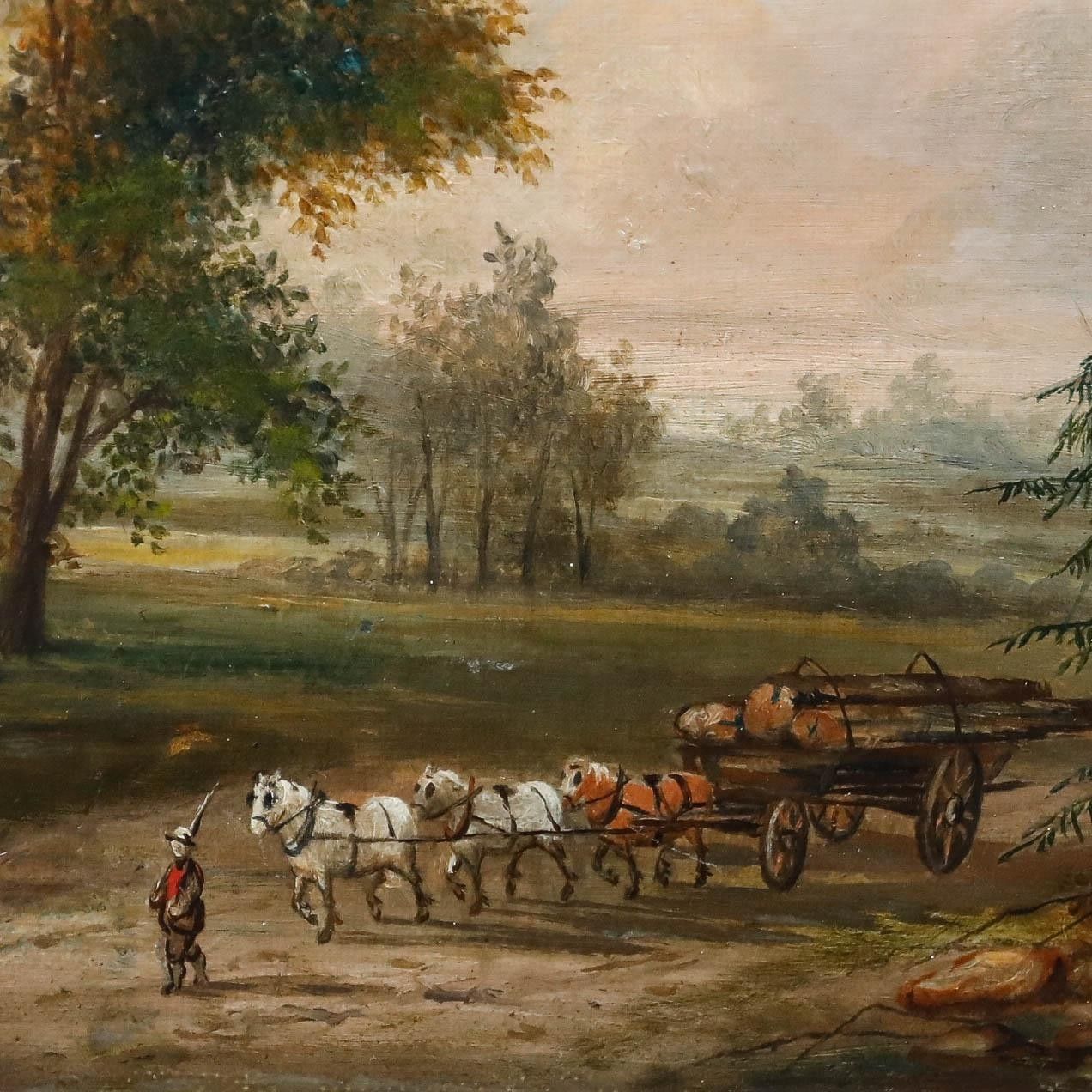 Framed Late 19th Century Oil The Log Wagon photo Art