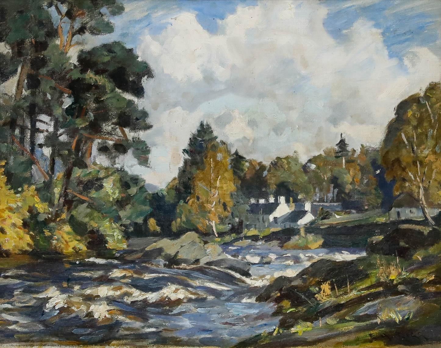 Ernest Higgins Rigg (1868 1947) Mid 20th Century Oil, Cottages By The River photo furniture