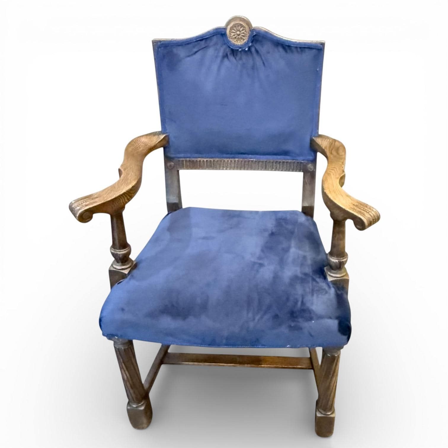 Antique Oak Armchair With Blue Velvet Upholstery – Carved Crest & Country House Style photo for sale