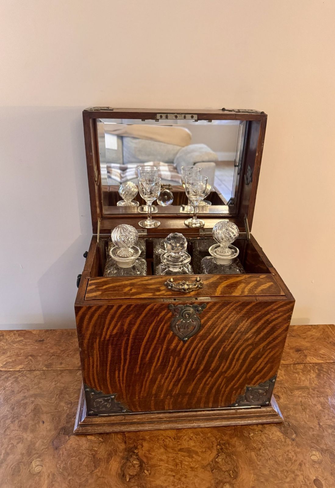 photo buy Outstanding Quality Antique Oak Decanter And Games Box