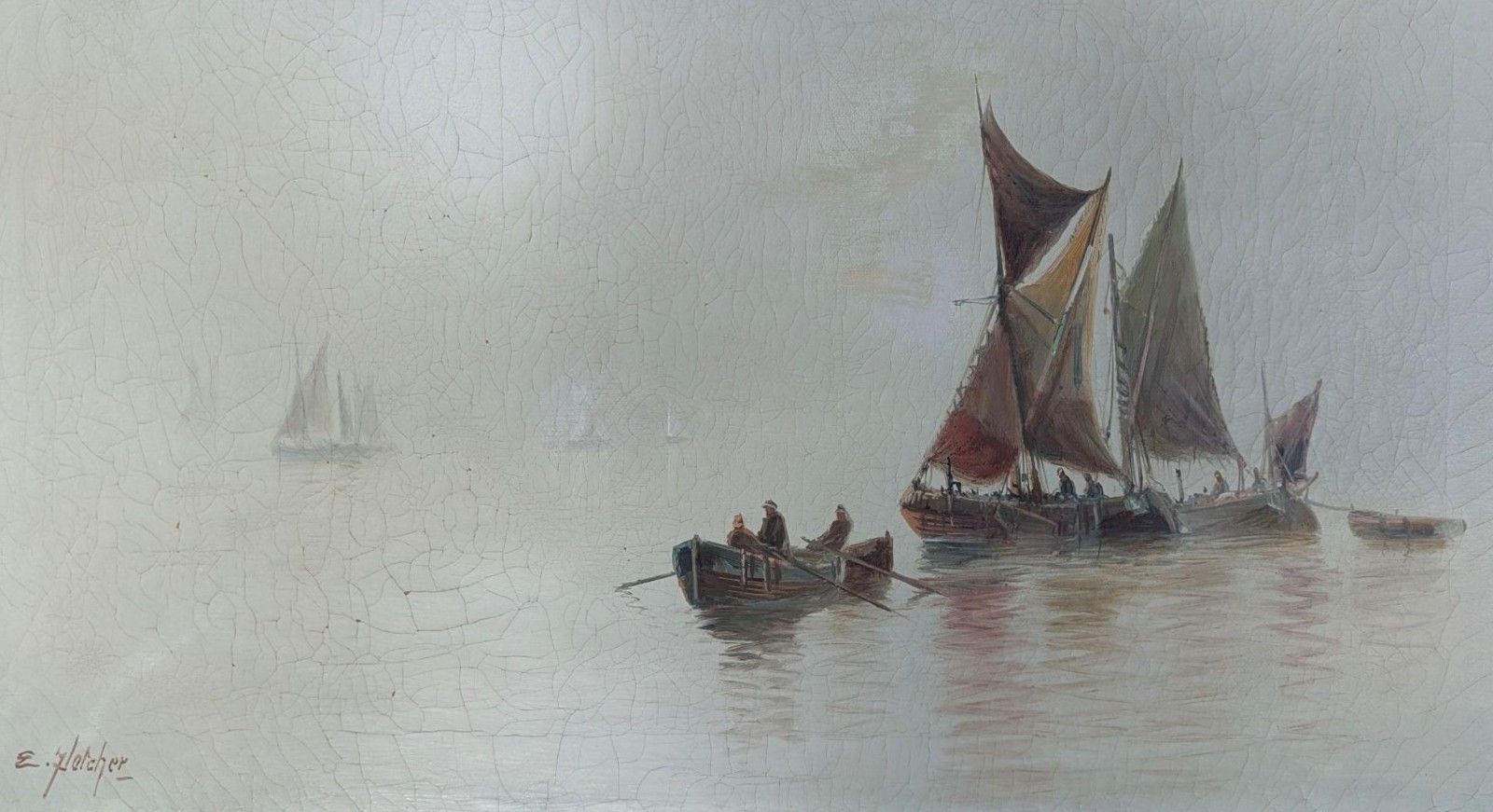 Thames Barges Riverscape Oil Painting By Edward Henry Eugene Fletcher Circa 1900 photo for sale