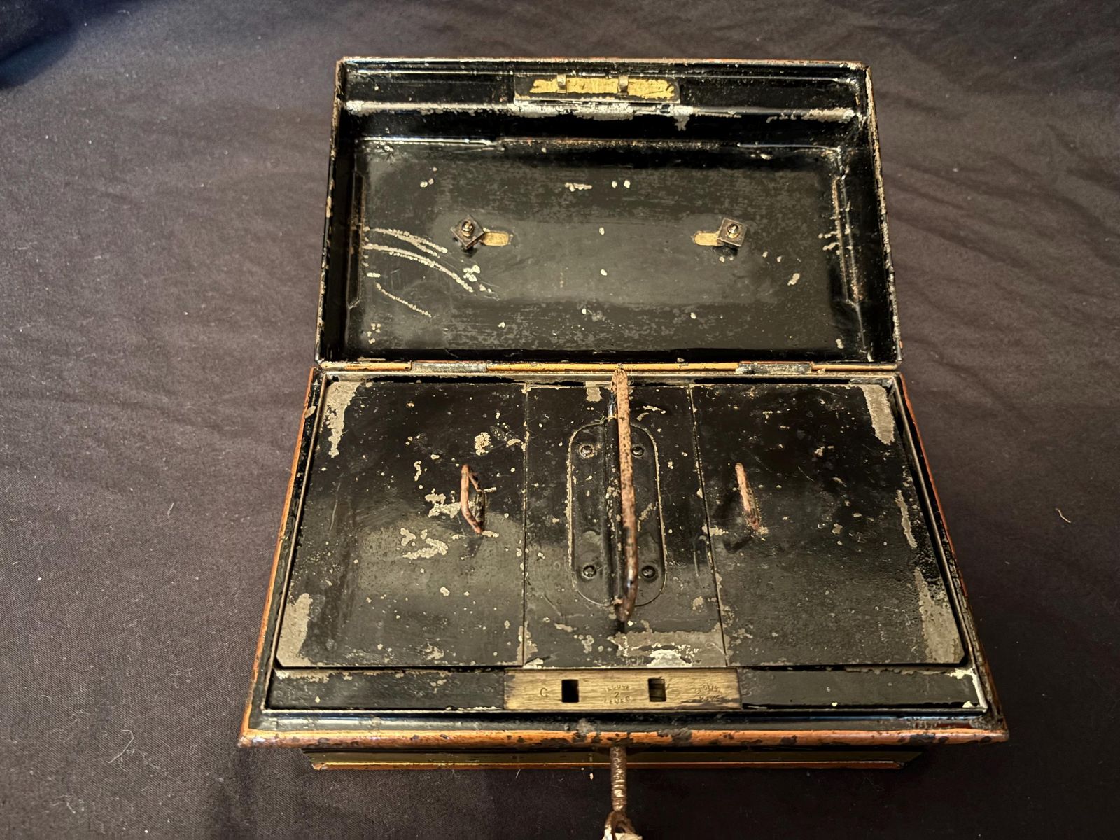 Antique English Made Lock Box Safe Bank Key And Insert Metal Gold & Black With Key photo furniture