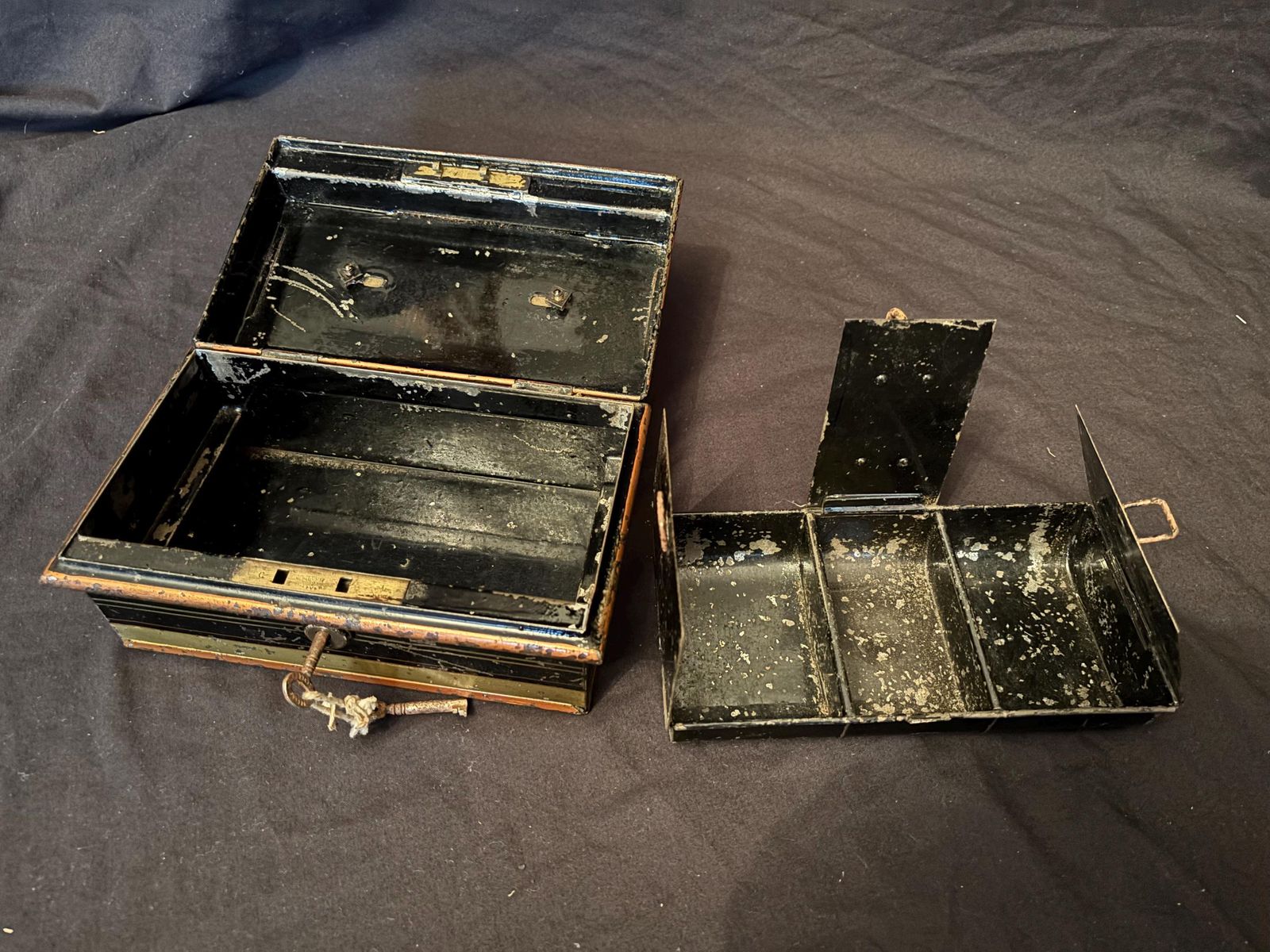 Antique English Made Lock Box Safe Bank Key And Insert Metal Gold & Black With Key photo for sale