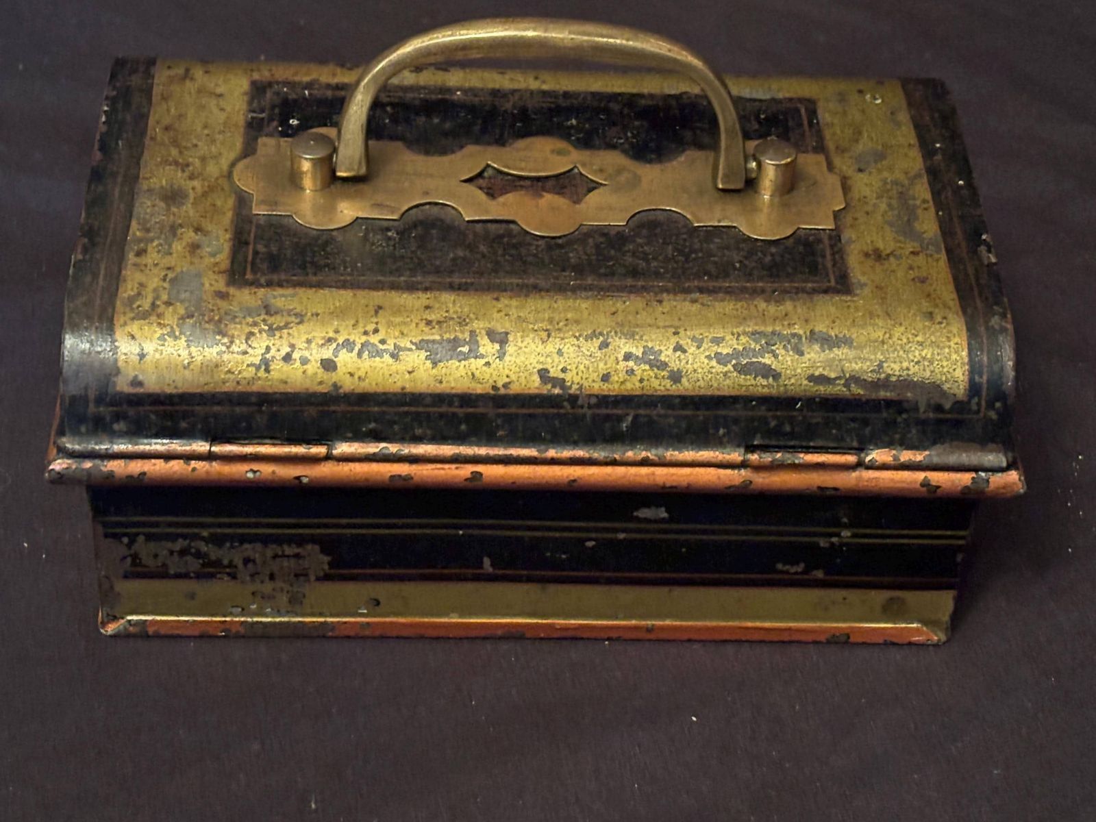 Antique English Made Lock Box Safe Bank Key And Insert Metal Gold & Black With Key photo buy
