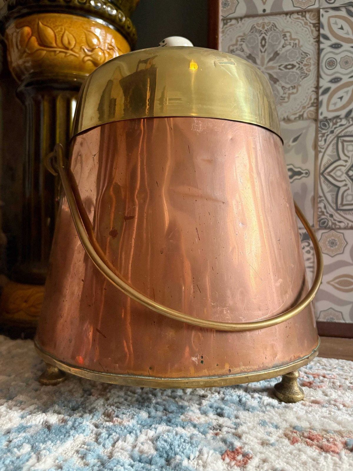 Antique Early 19thc Copper And Brass Dutch Doofpot, Fireside Ash Bucket photo vinterior