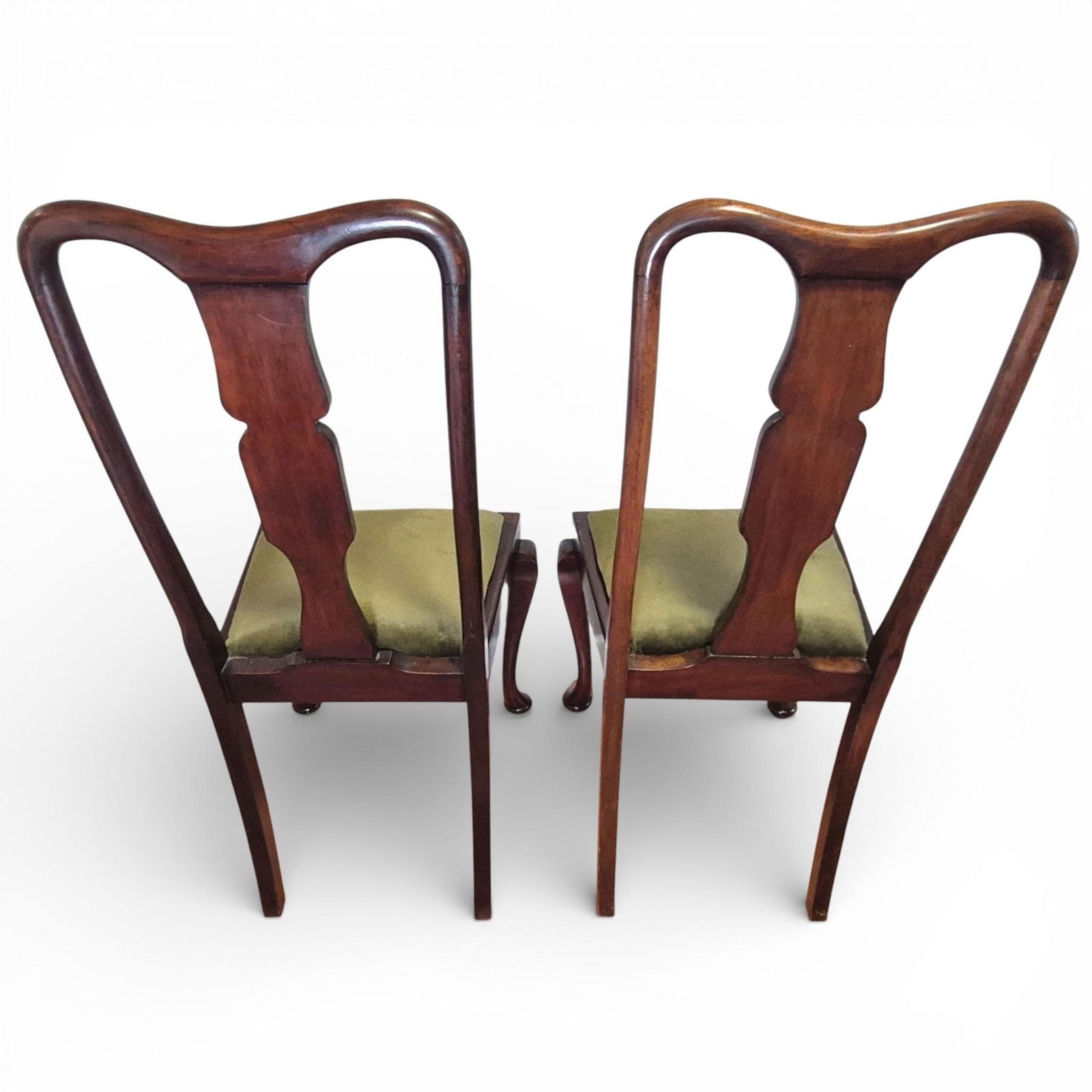 Pair Of Queen Anne Style Mahogany High Back Dining Chairs | Upholstered Seats photo vintage