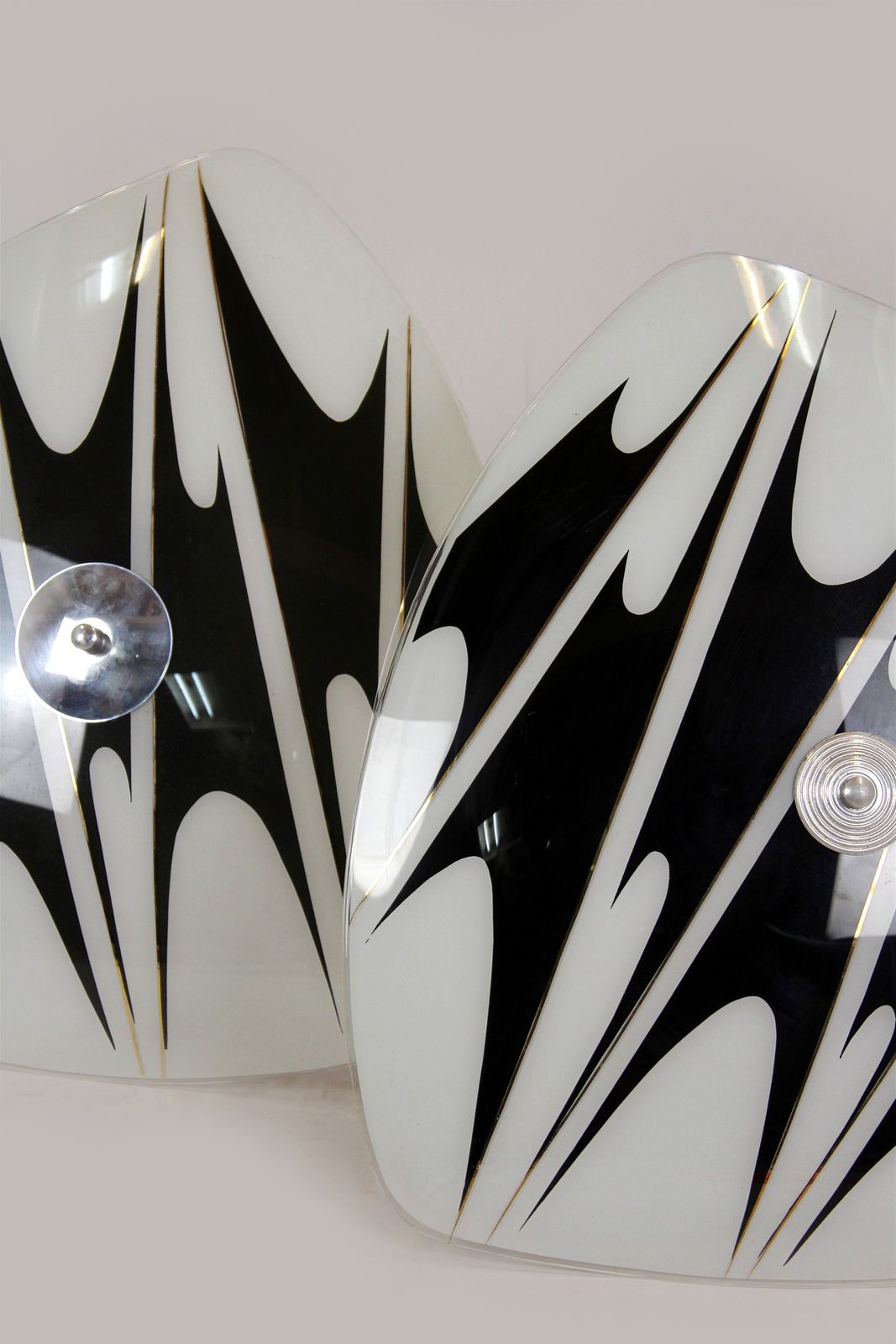 Large Vintage Czechoslovakian Opaline Glass Pendant Lights, Black Geometric Pattern, 1960s, Set Of 2 photo for sale