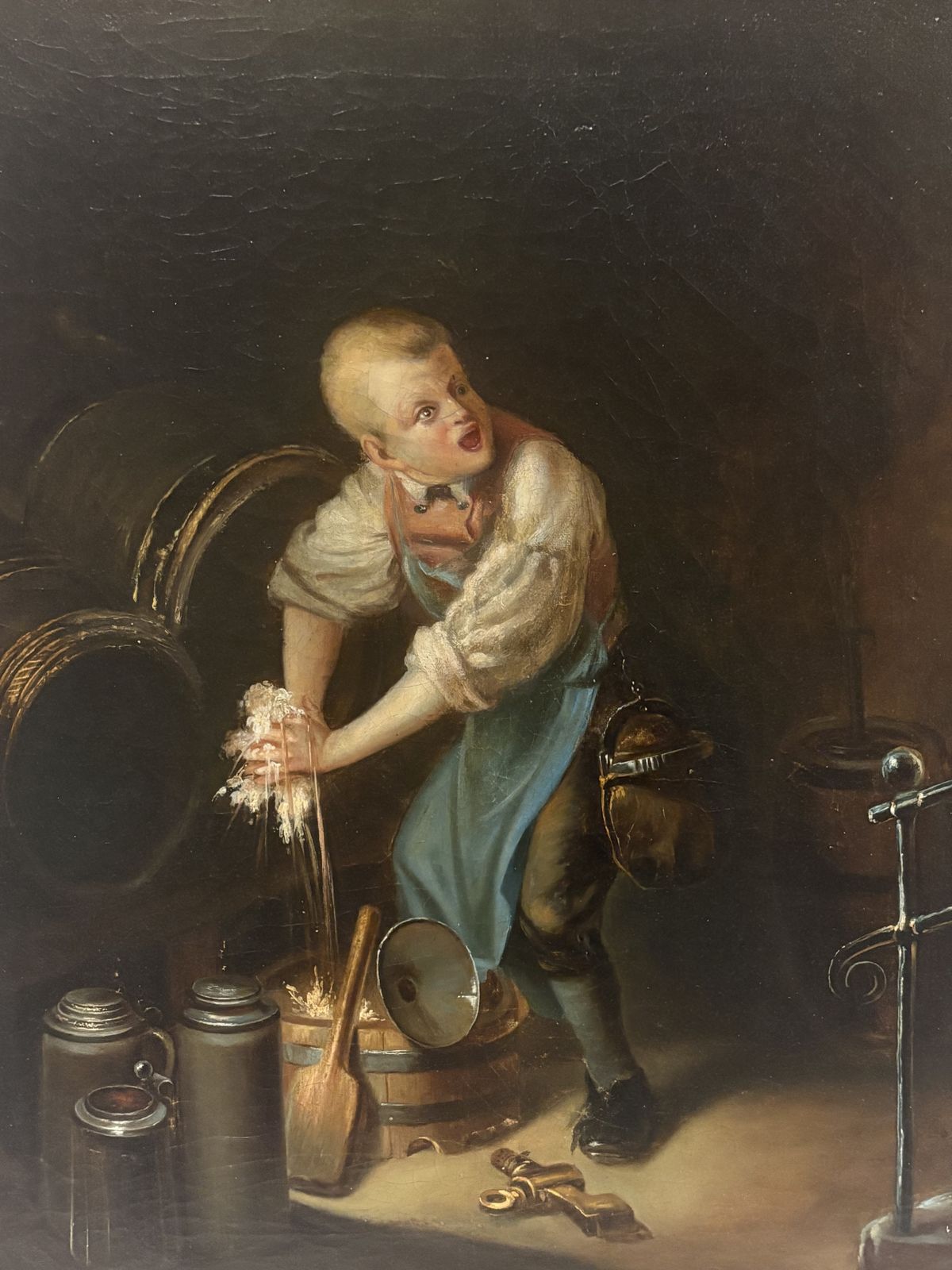 Finely Painted Oil On Canvas Of Startled Boy Tapping A Barrel 19th Century photo furniture