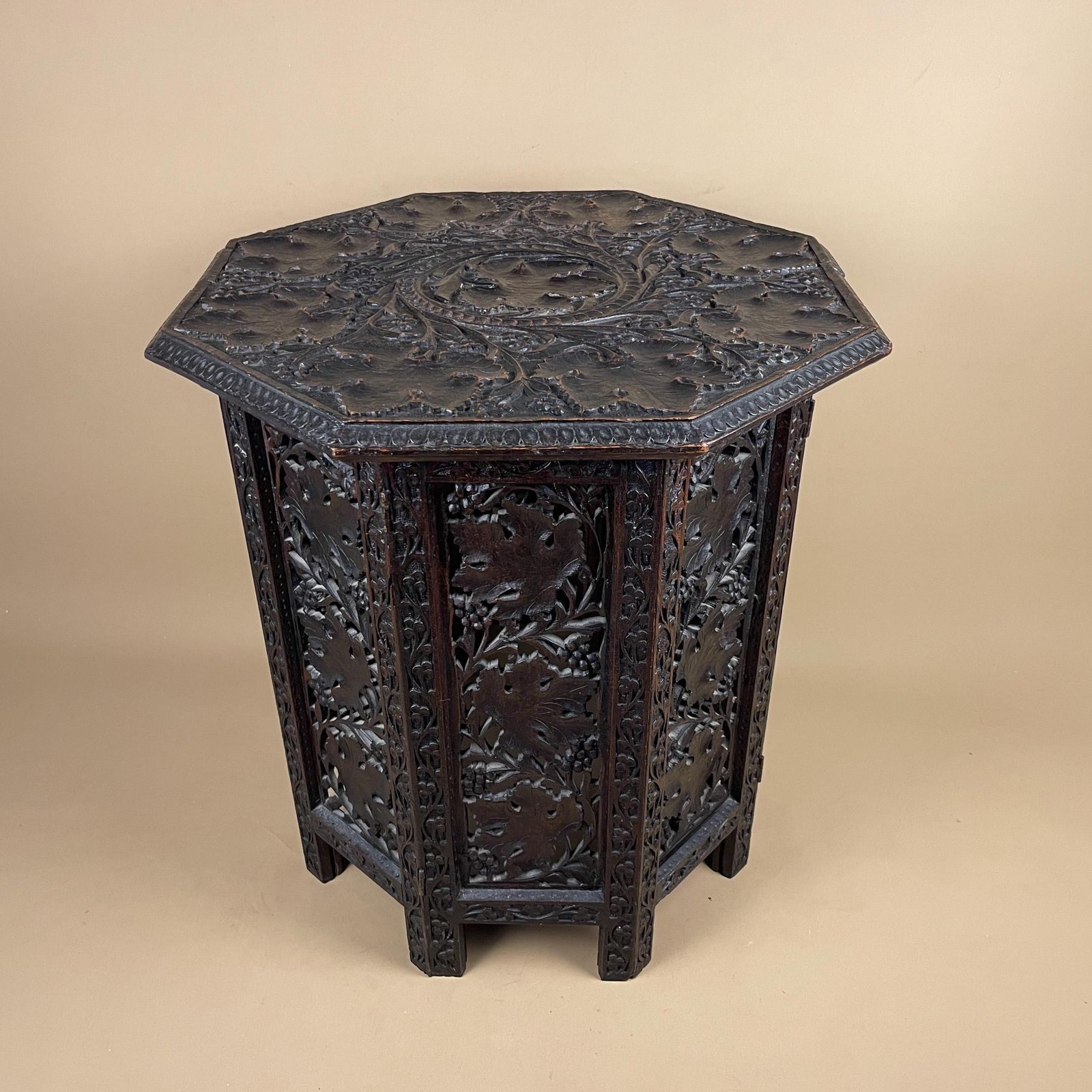 Anglo Indian Wooden Table Fold Down Campaign Decorative Intricate Patterned Hand Crafted Octogan C.1900 Antique Plant Stand Carved Wood