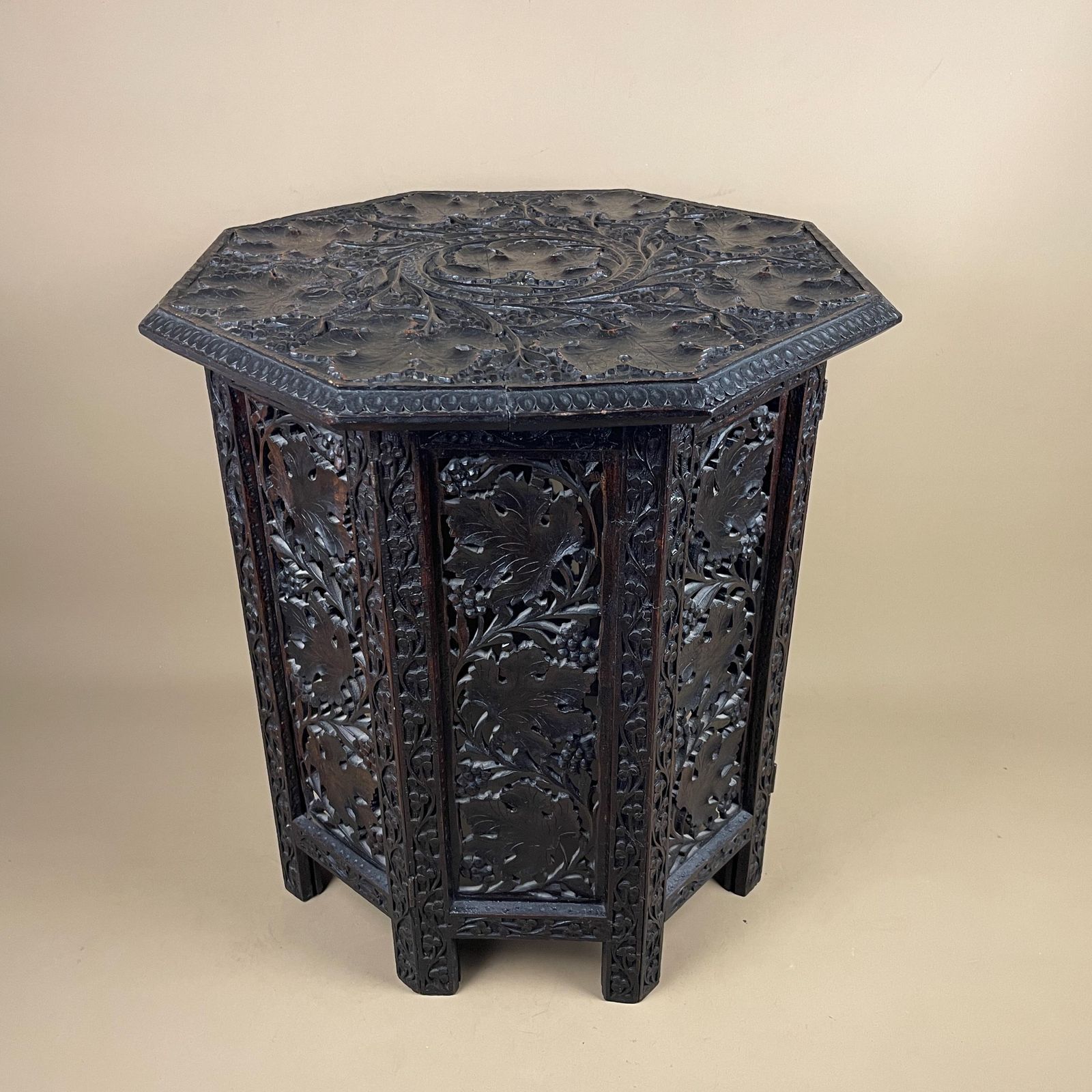 photo for sale Anglo Indian Wooden Table Fold Down Campaign Decorative Intricate Patterned Hand Crafted Octogan C.1900 Antique Plant Stand Carved Wood