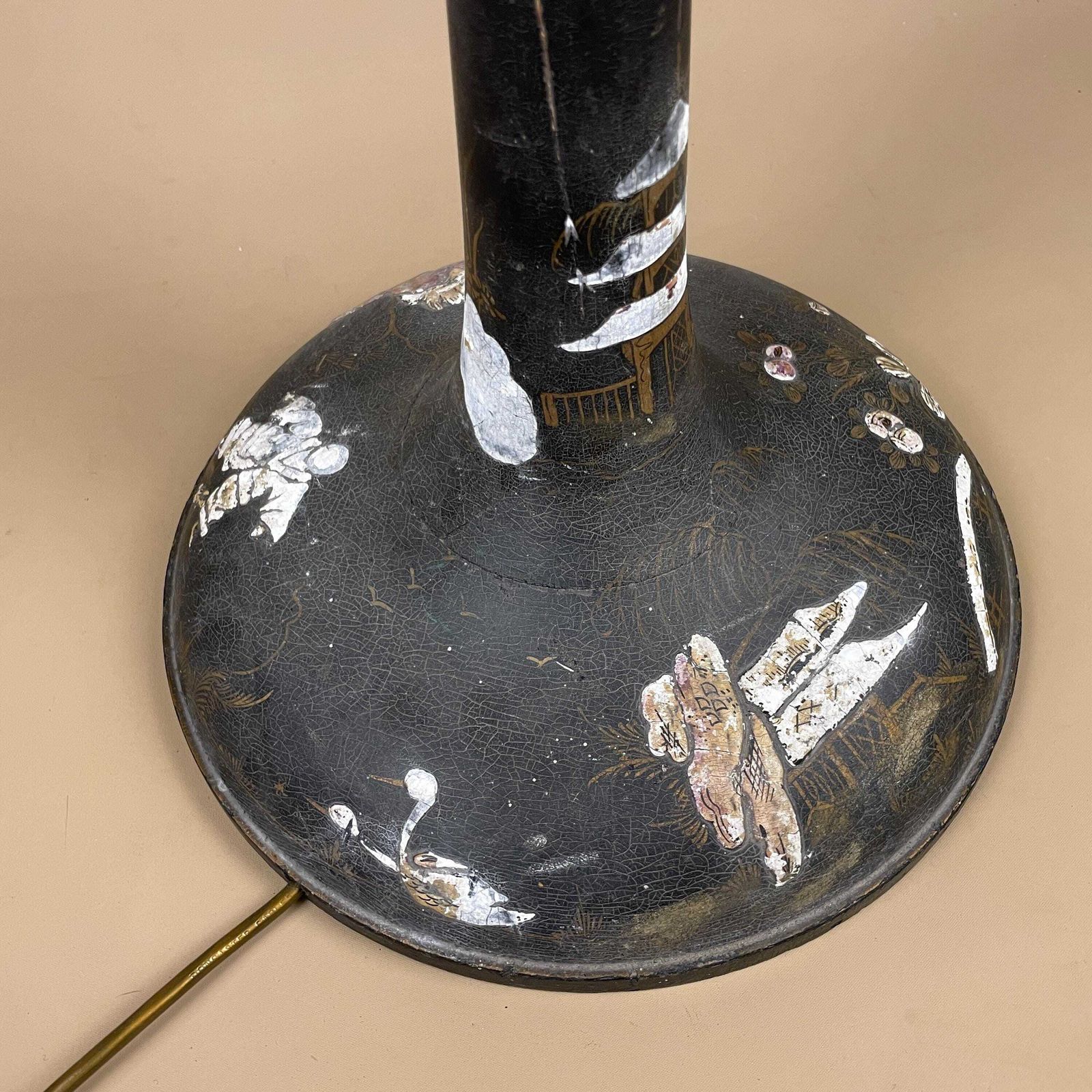 Antique Oriental Wooden Lamp Light Large Japanese Black Hand Painted Pattern Wood Freestanding Aged Unique Bedside Table 74cm Gold photo 245.0