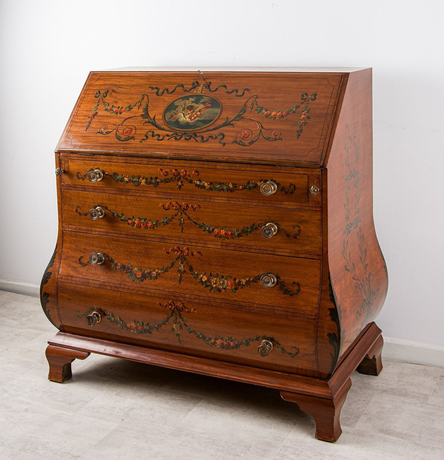 Edwardian Satinwood Painted Bureau With Hand Decorated Panels photo for sale