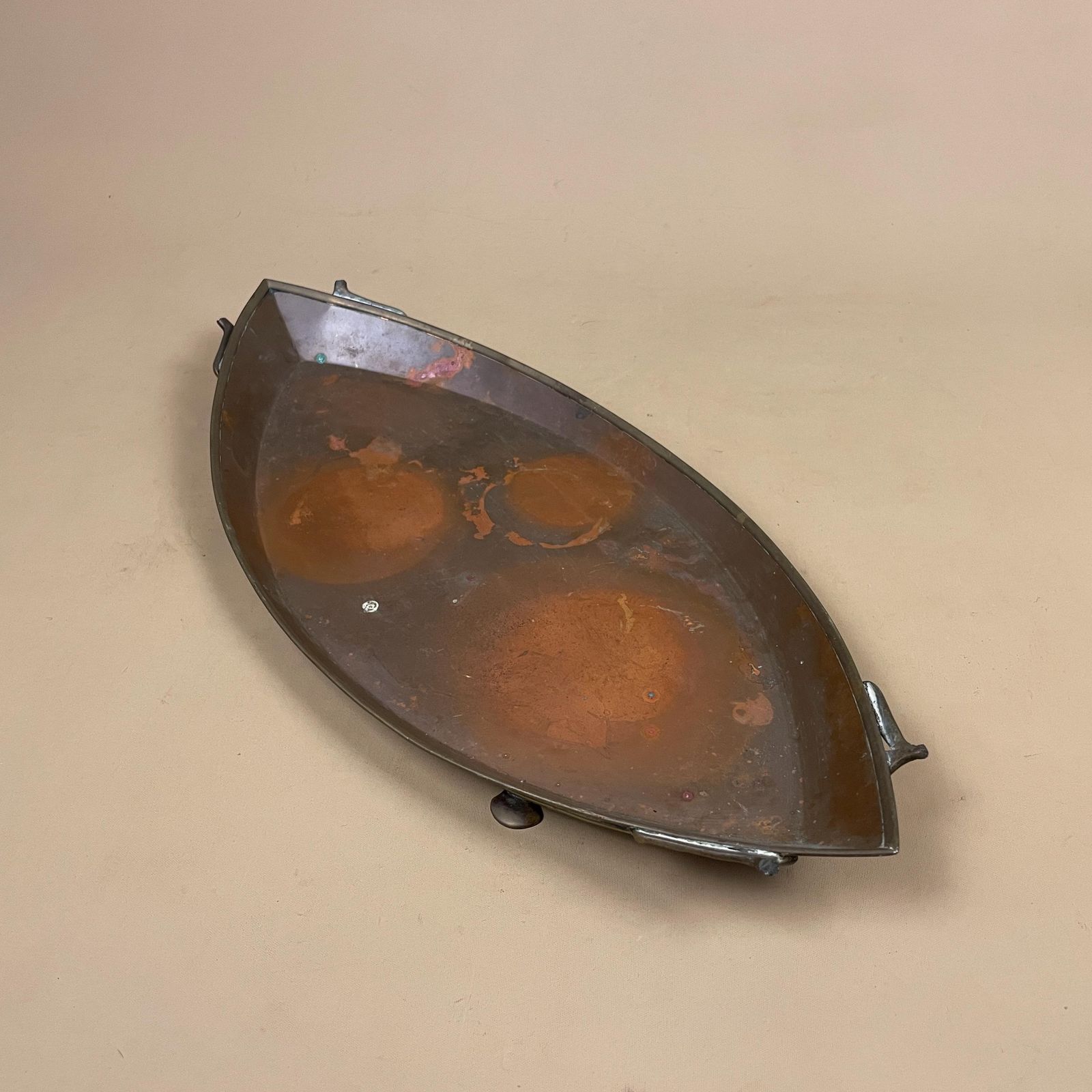 Antique Metal Copper Tray Boat Oval Shape Brass Feet Plate Handmade Art Intricate Vintage Decorative Traditional Serving Display Art Nouveau photo vinterior