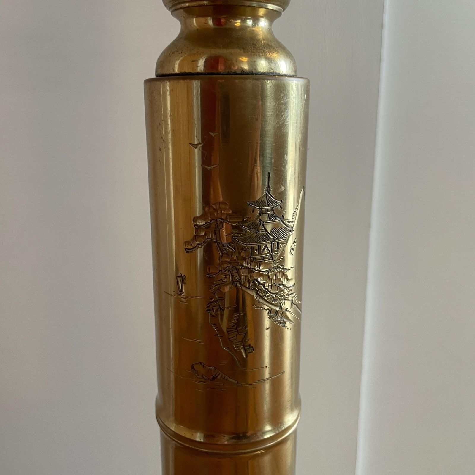 photo for sale Antique Metal Brass Japanese Floor Lamp Gold Oriental Engraved Patterned Light Vintage Lighting 3 Feet