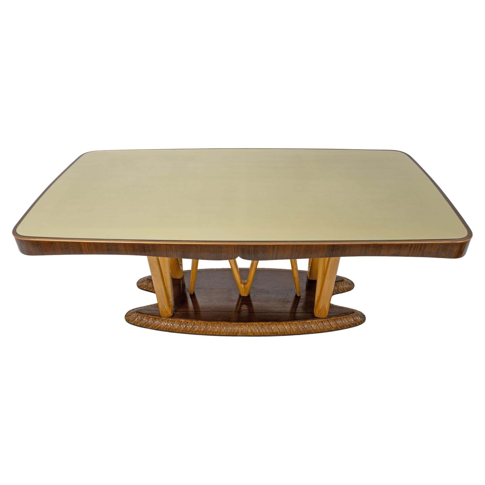 Italian Mid Century Dining Table With Glass Top And Sculptural Maple Base, 1950s