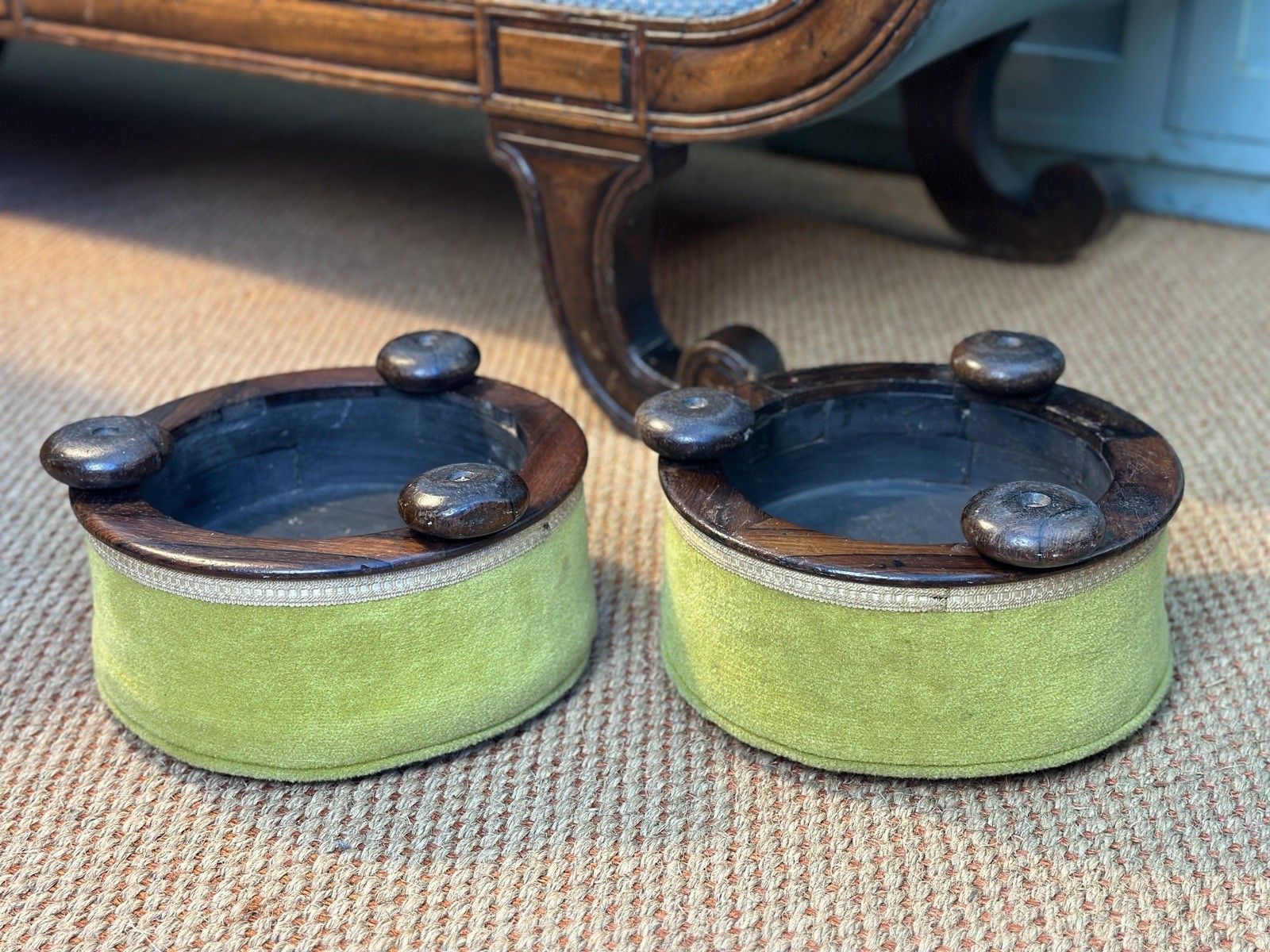 A Pair Of Small Victorian Rosewood Foot Stools Rests Ottoman Pouffe Green Velvet photo Furniture