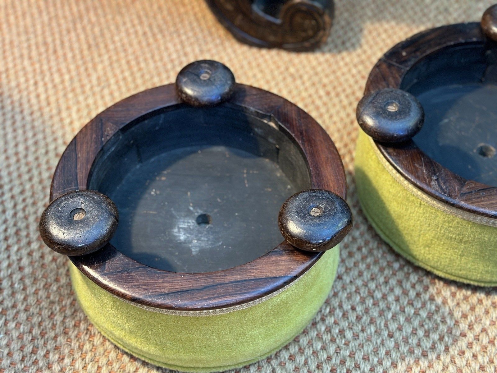 A Pair Of Small Victorian Rosewood Foot Stools Rests Ottoman Pouffe Green Velvet photo vinterior