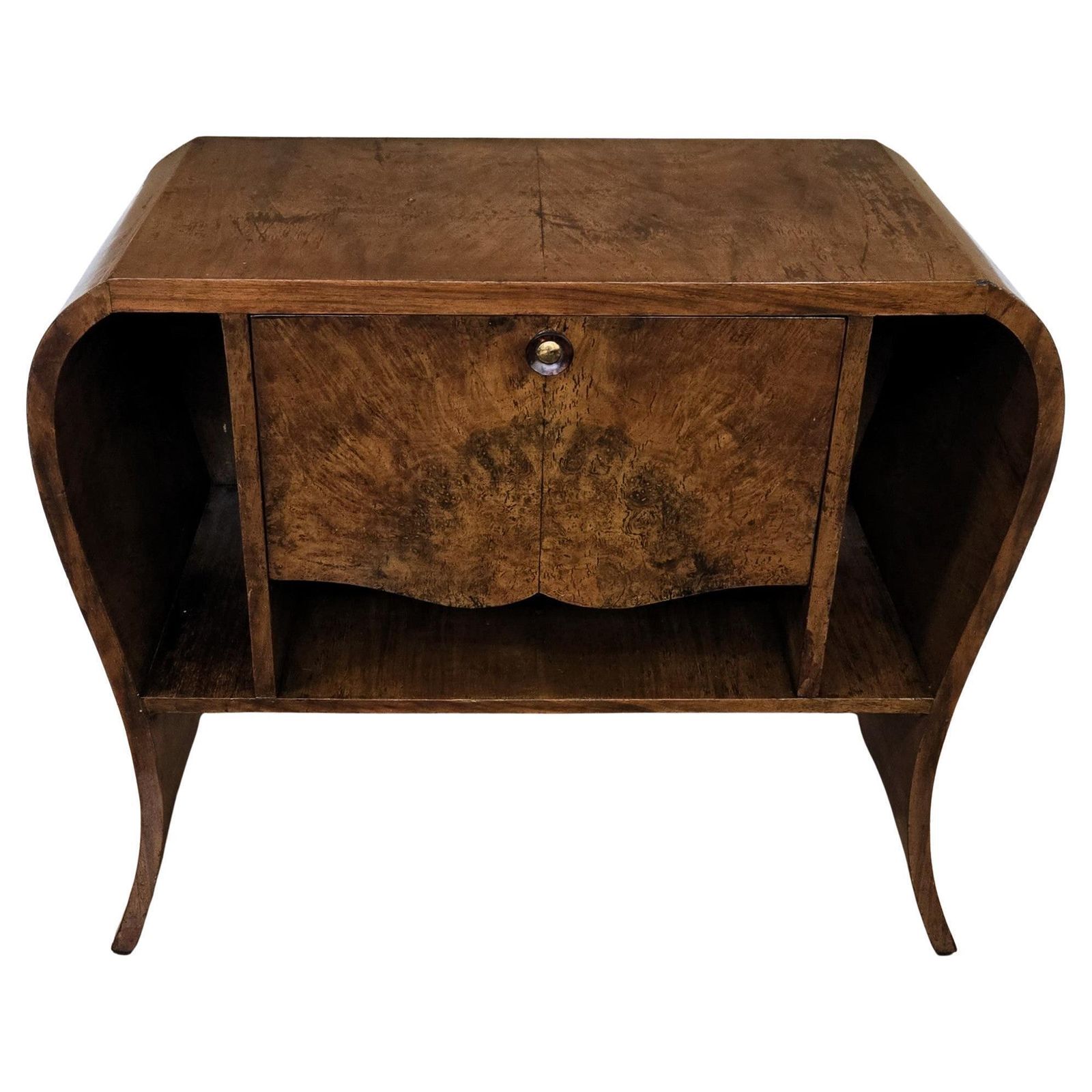Italian 1940s Art Deco Midcentury Walnut Waterfall Dry Bar Cocktail Cabinet
