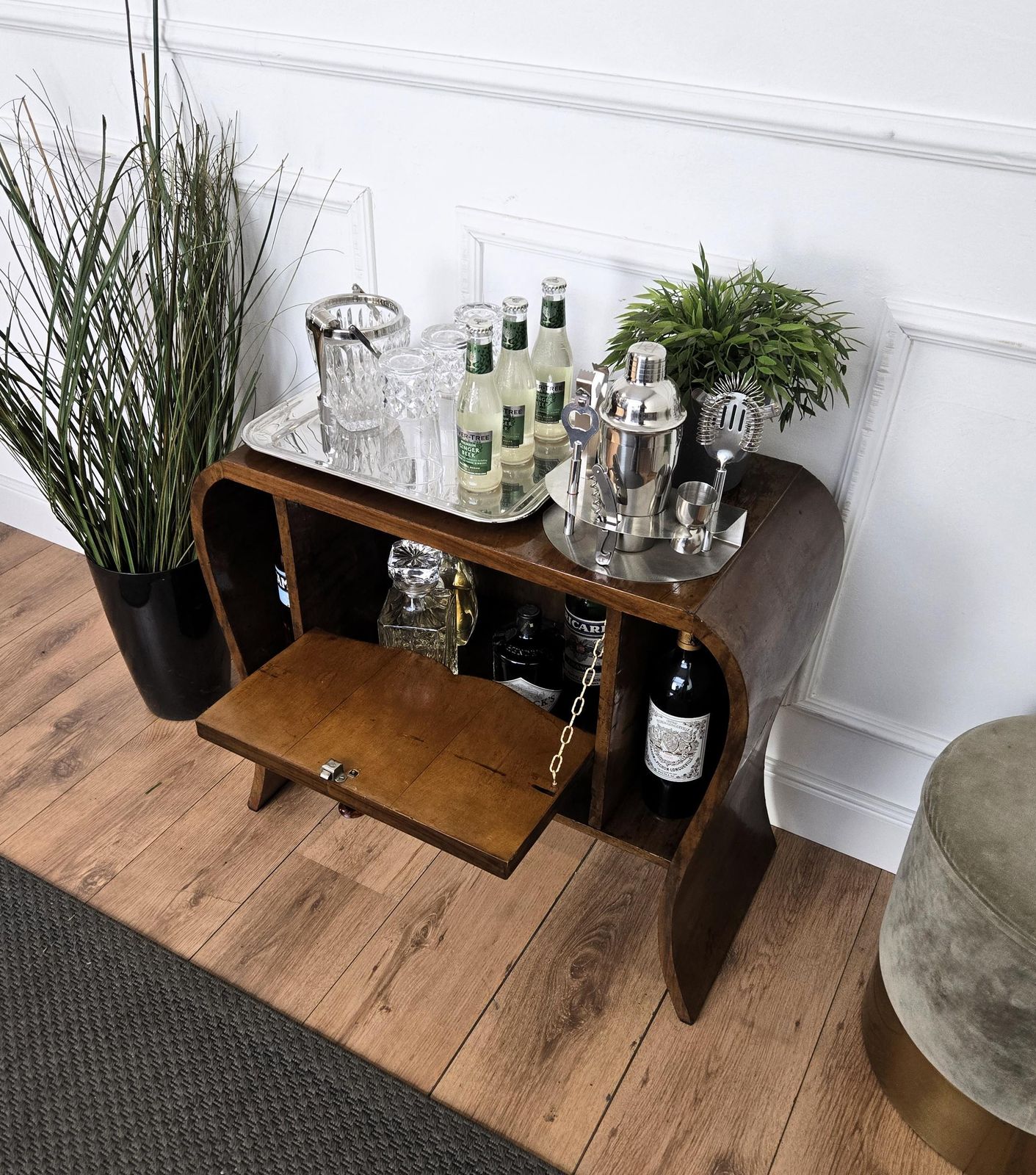 Italian 1940s Art Deco Midcentury Walnut Waterfall Dry Bar Cocktail Cabinet photo for sale