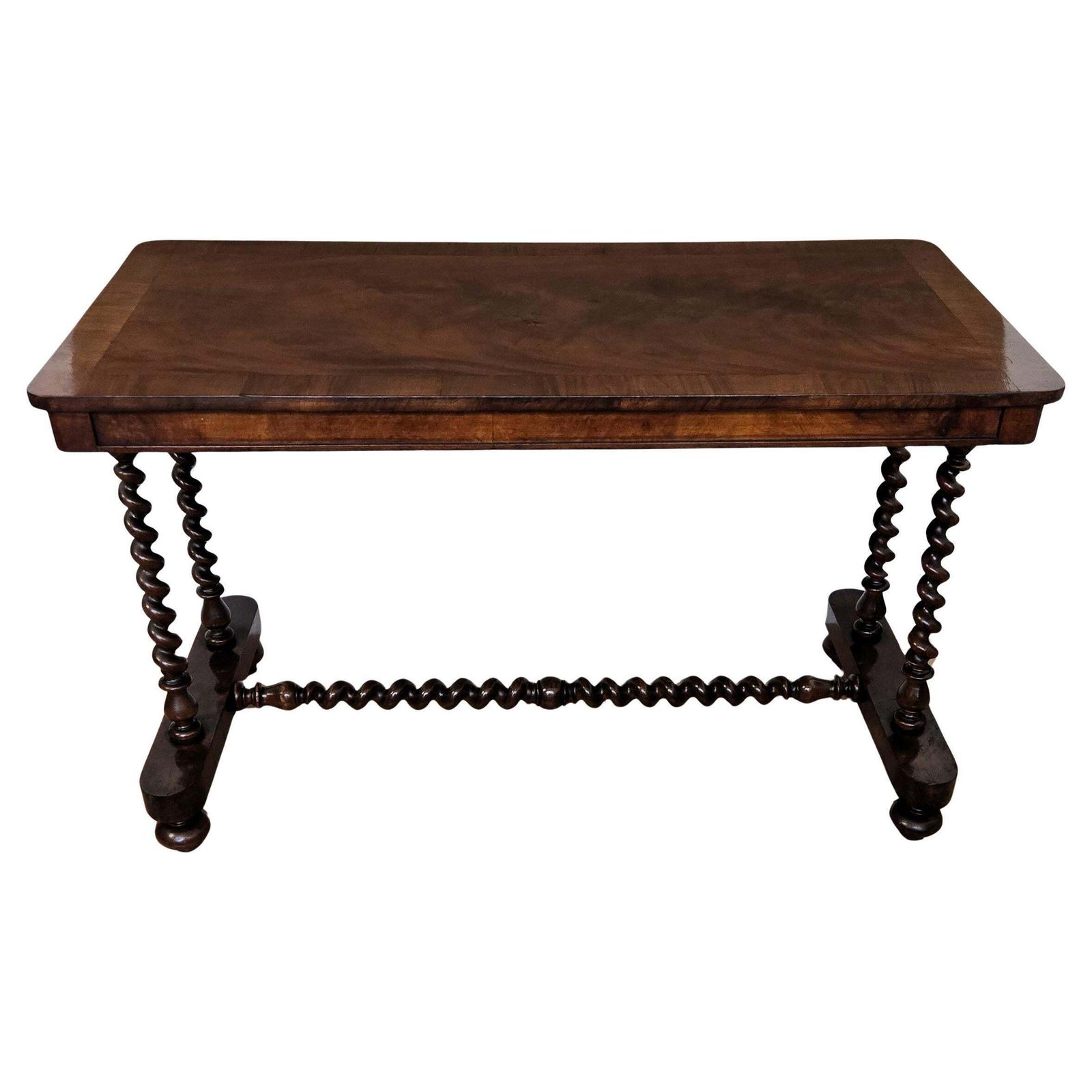 Antique Italian Walnut Burl Inlay Console Side Table With Bobbin Turned Legs