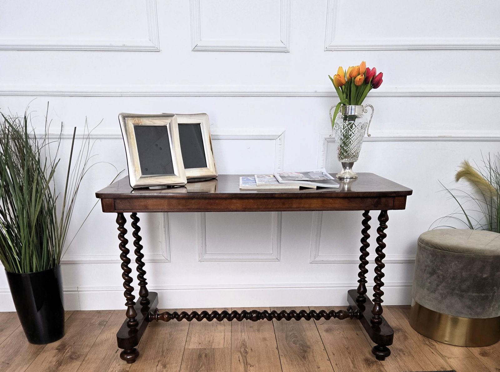 Antique Italian Walnut Burl Inlay Console Side Table With Bobbin Turned Legs photo furniture