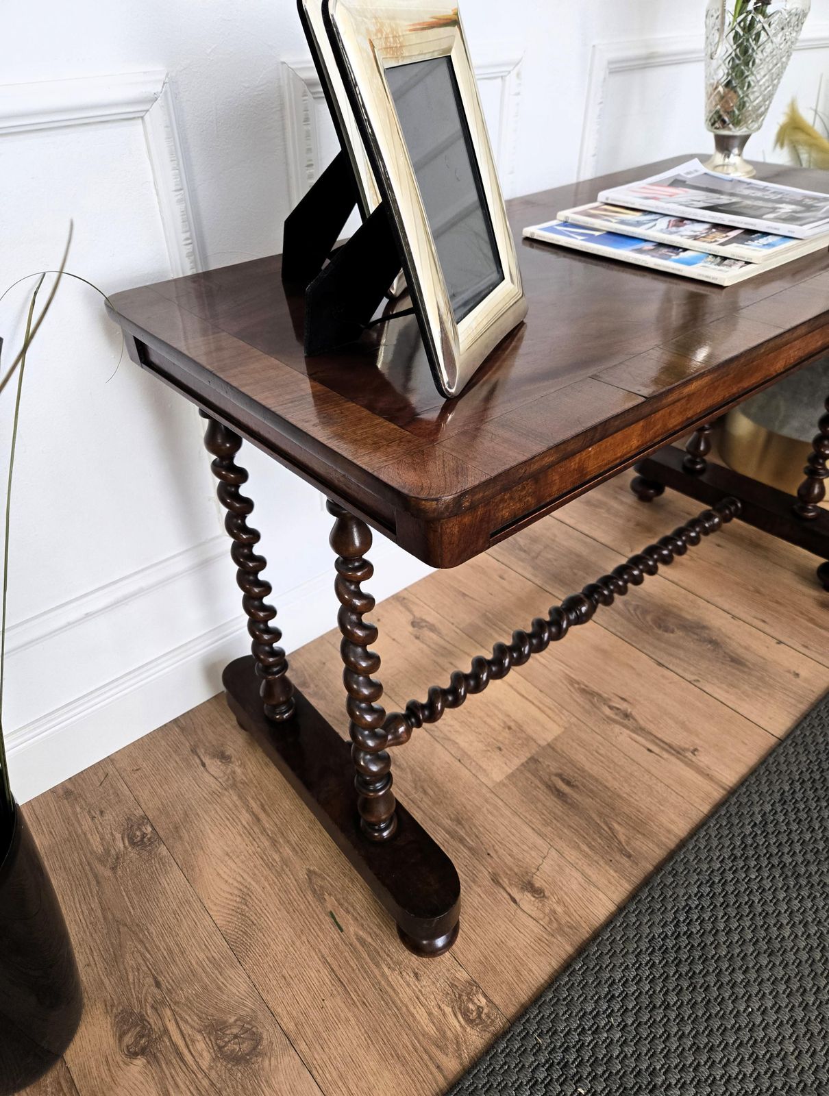 Antique Italian Walnut Burl Inlay Console Side Table With Bobbin Turned Legs photo Furniture