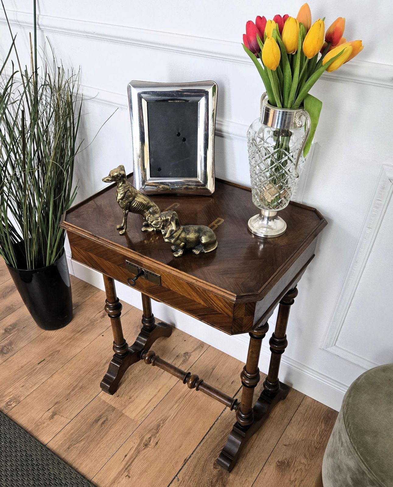 Antique Italian Inlay Veneer Wood Bobbin Barley Twist Legs Sewing Side Table photo furniture