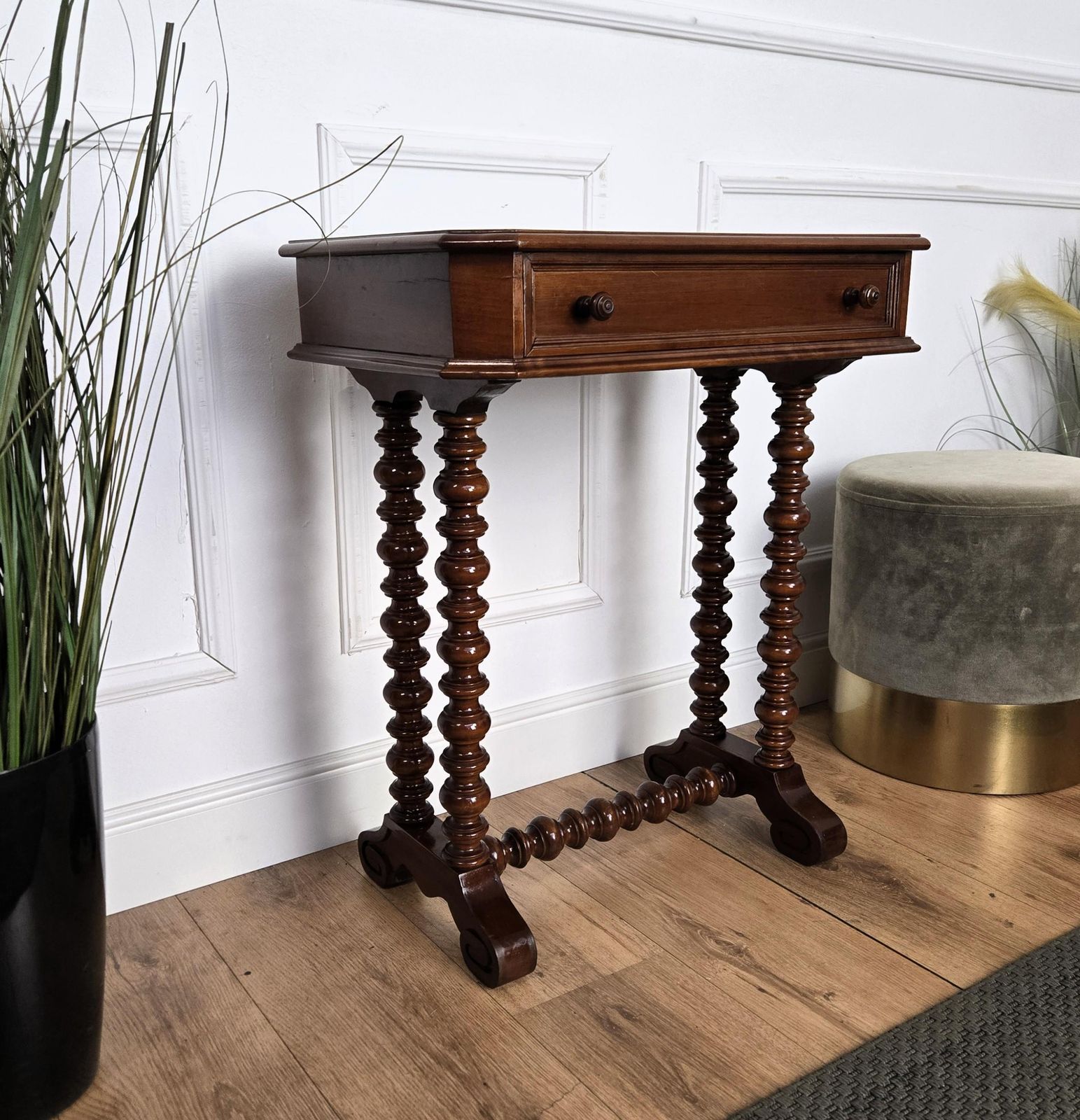 Antique Italian Carved Wood Bobbin Barley Twist Legs Sewing Table Side Table photo vinterior