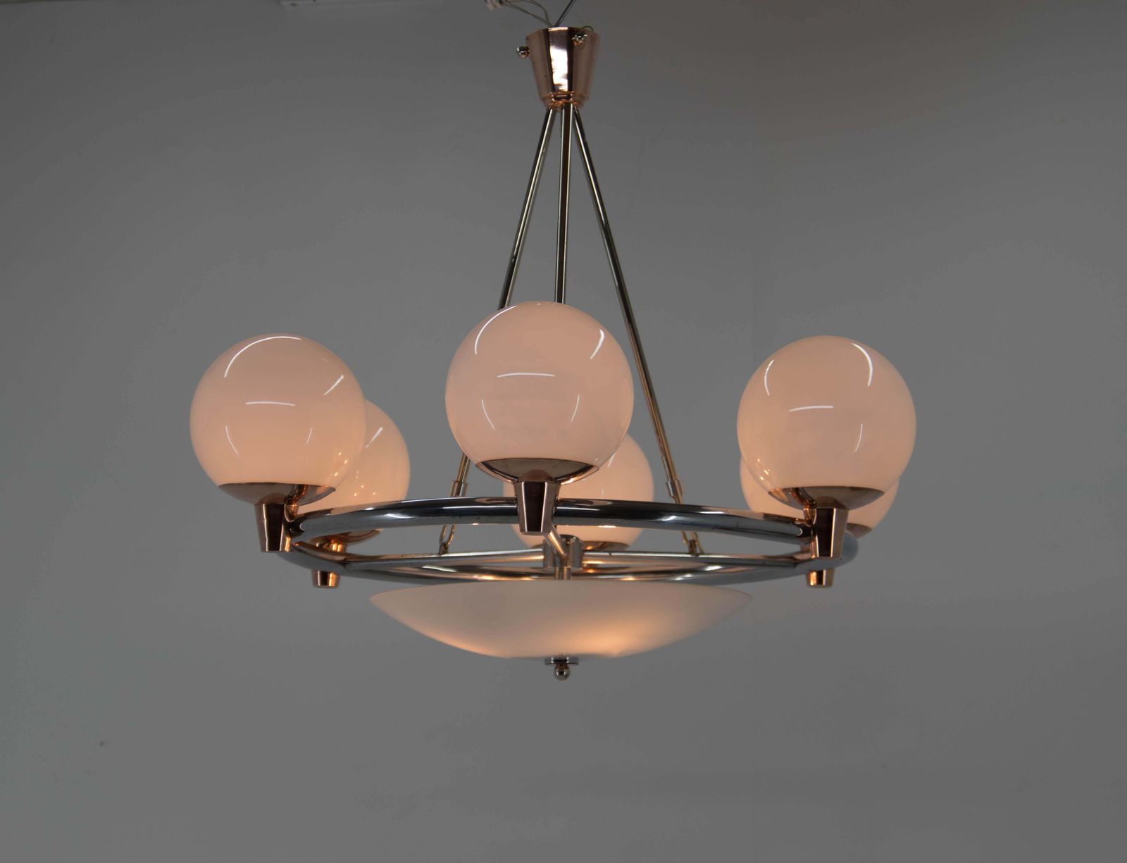 1930s Art Deco Chandelier: Chrome, Copper & Opaline Glass From Czech photo vintage