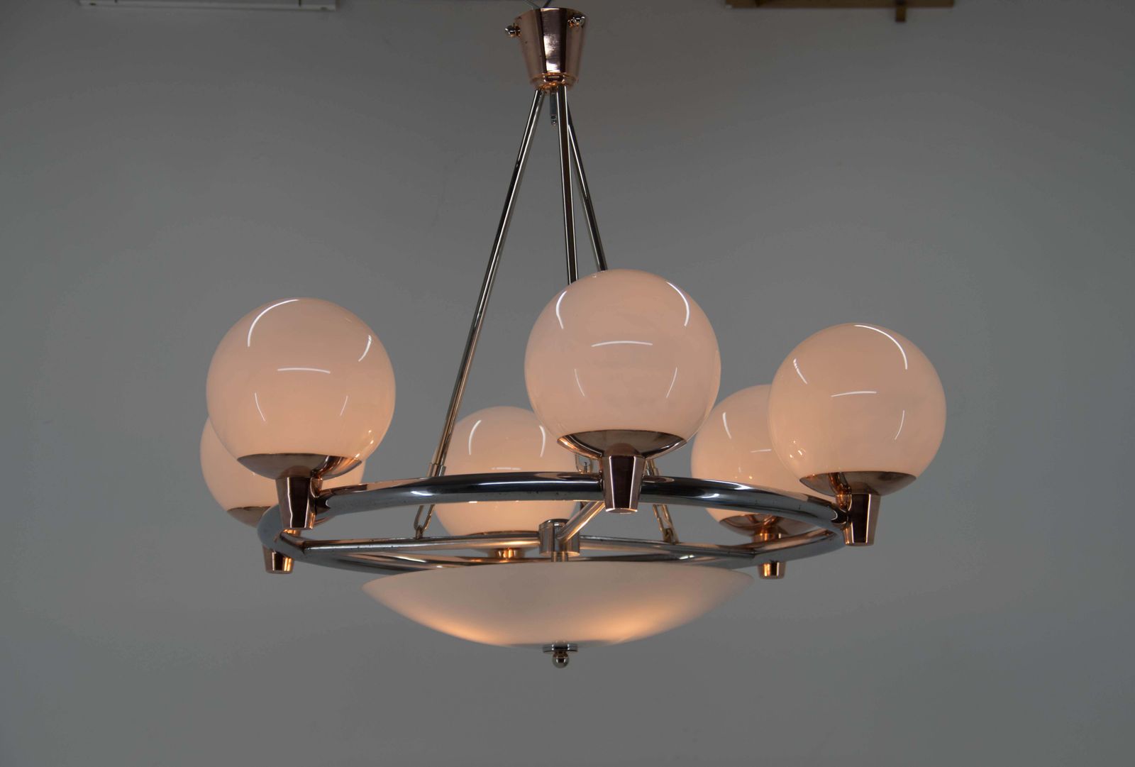 photo furniture 1930s Art Deco Chandelier: Chrome, Copper & Opaline Glass From Czech