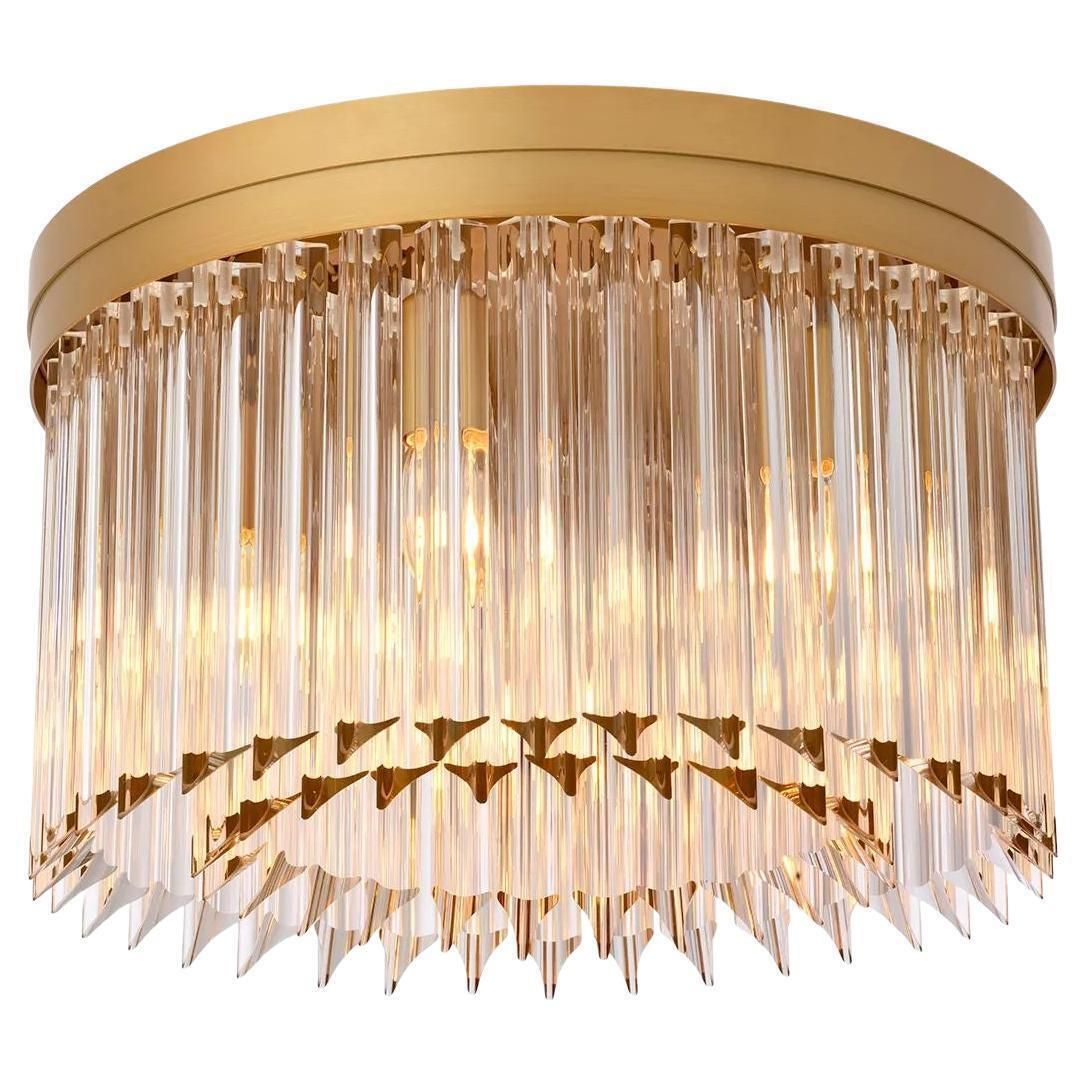 Ceiling Lamp With Brass Finish And Clear Glass Rods, Art Deco Style