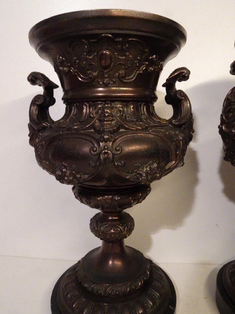 19th Century French Bronze & Cast Iron Medici Vases On Marble Bases, 1980s, Set Of 2 photo Home Decor