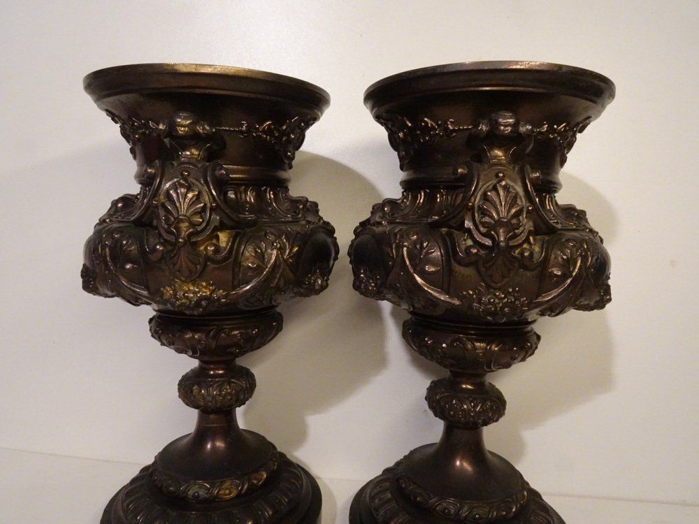photo for sale 19th Century French Bronze & Cast Iron Medici Vases On Marble Bases, 1980s, Set Of 2