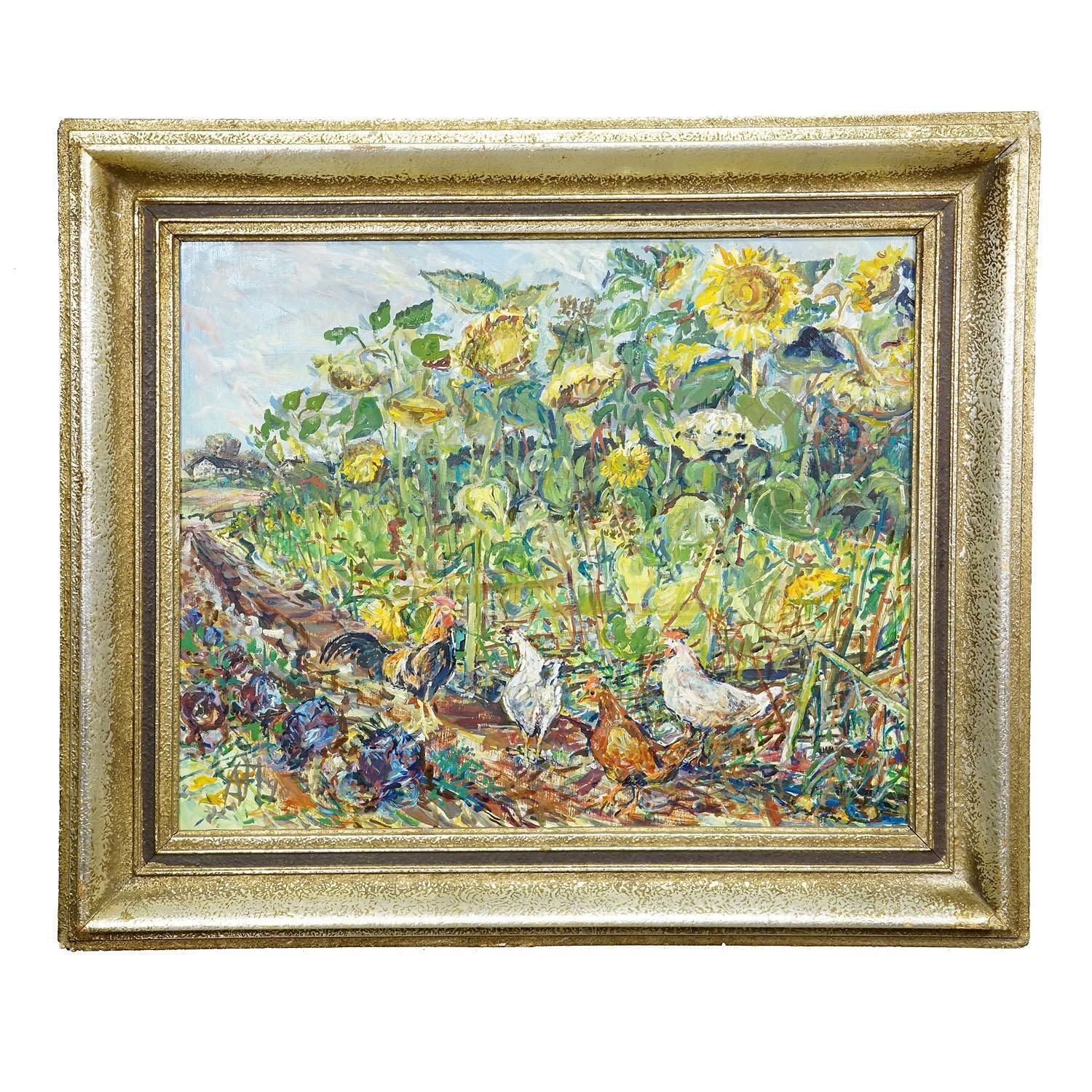 Sunflower Field With Chickens – Original Oil Painting By Alexander Michael, 1990 photo for sale