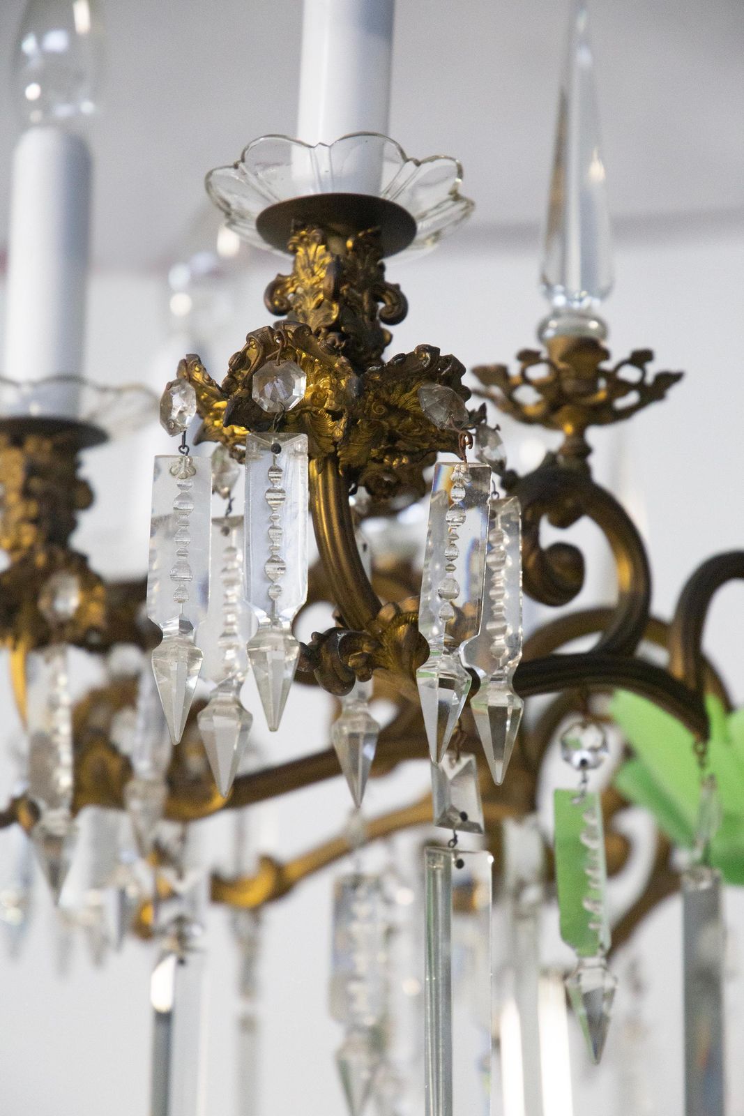 photo for sale Italian Baroque Chandelier In Gilded Bronze With Green Glass Leaves And Crystal